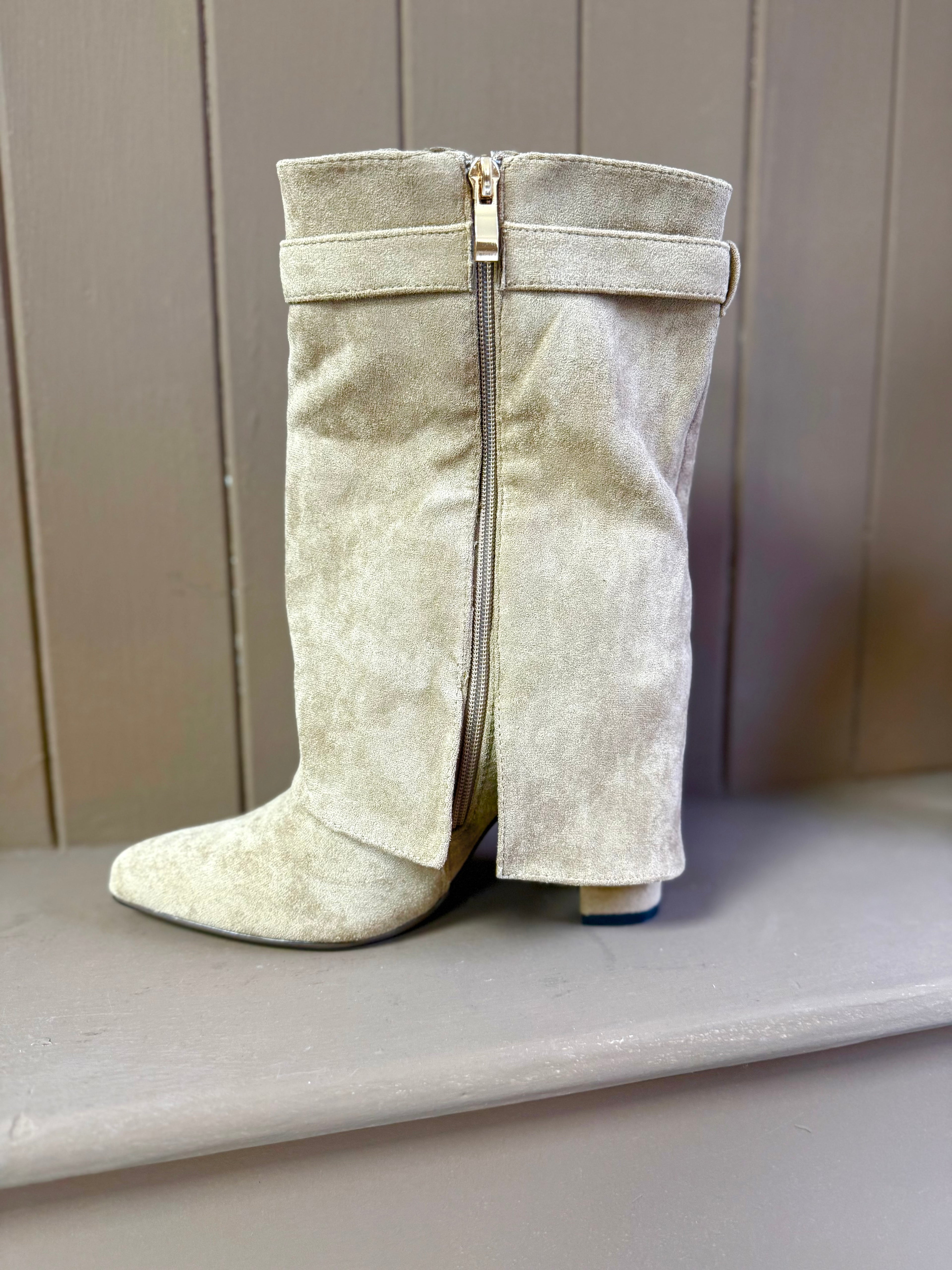 Fold Over Block Heel Shark Boots - Faux Suede with Gold Hardware Detail
