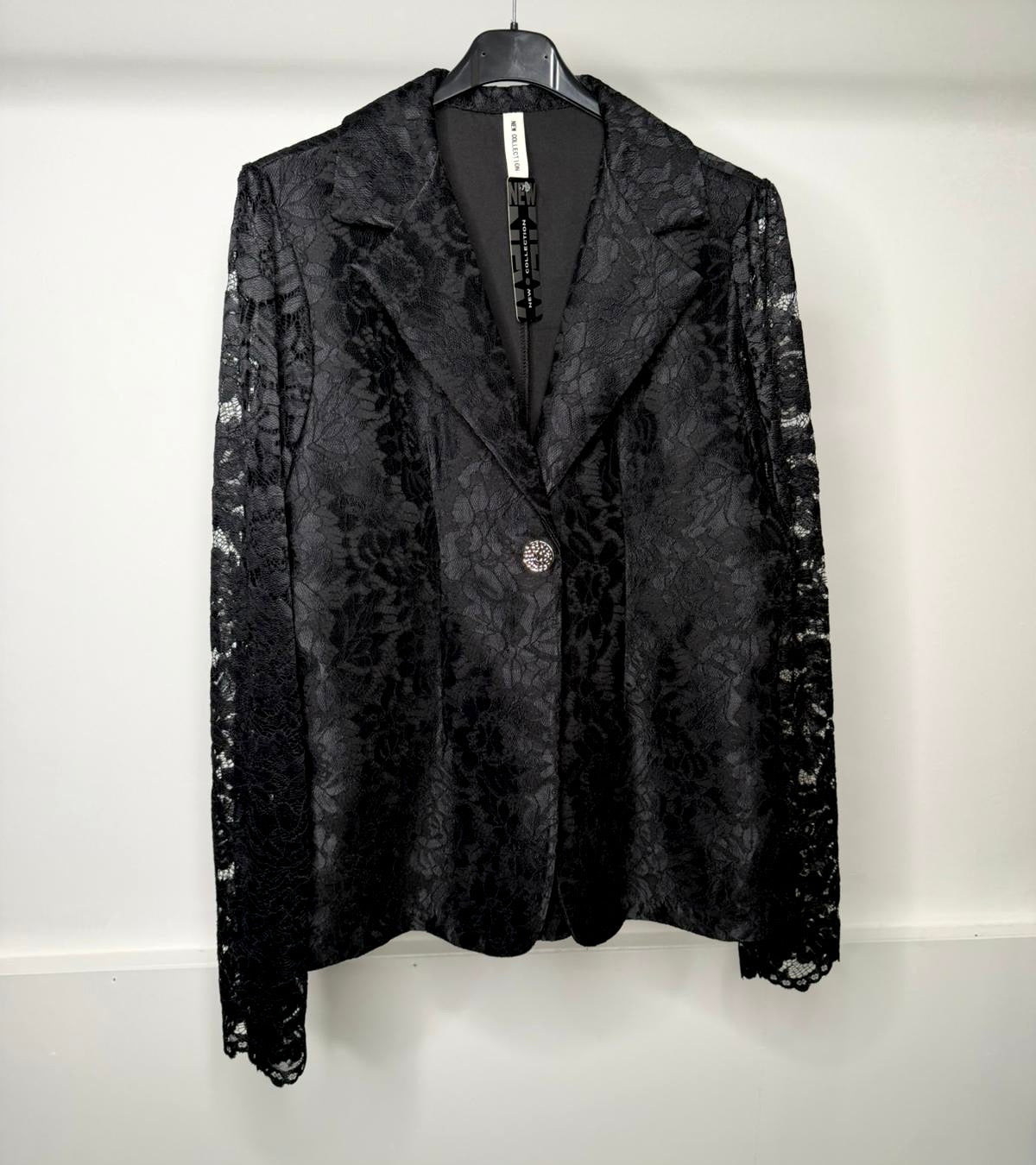 Lace Sleeve Detail Blazer with Diamante Button