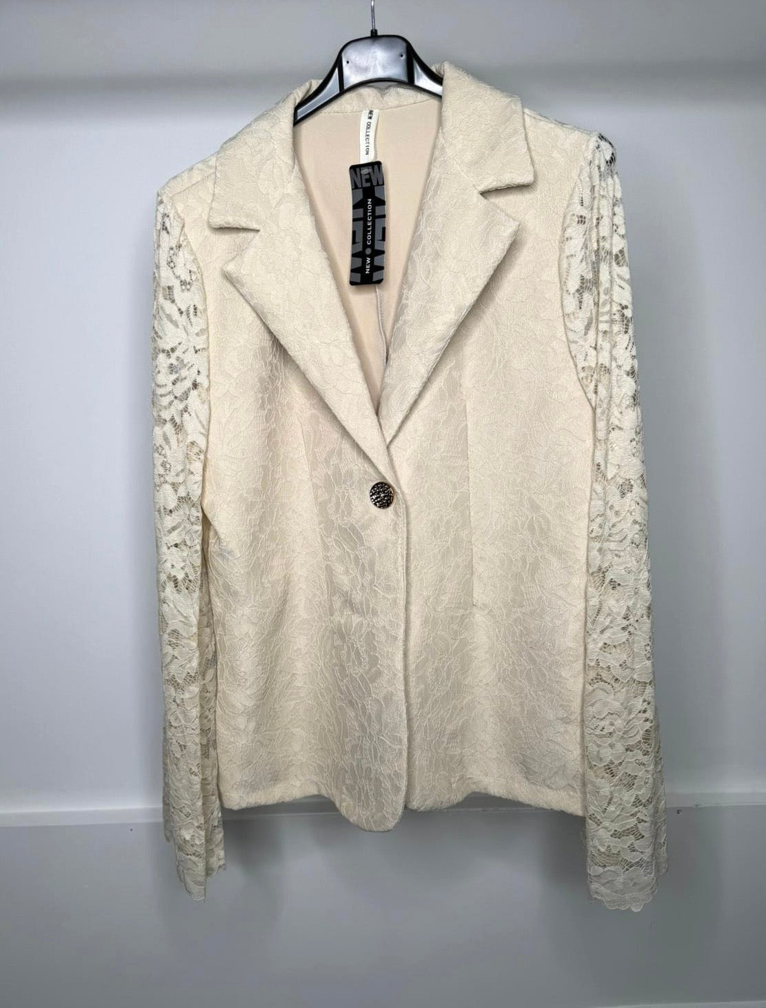 Lace Sleeve Detail Blazer with Diamante Button