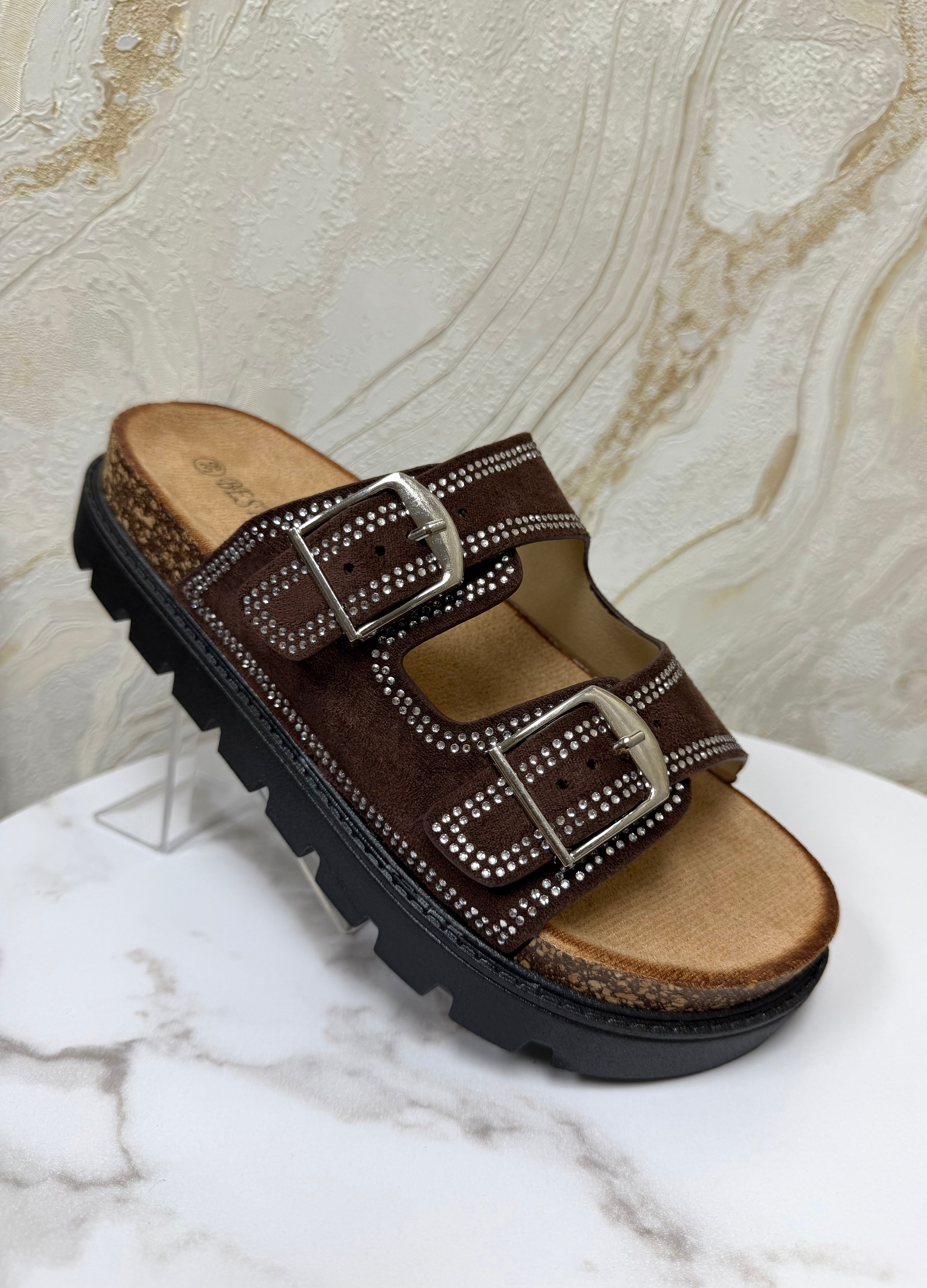 Diamanté Suede Buckle Slider - Chocolate Brown