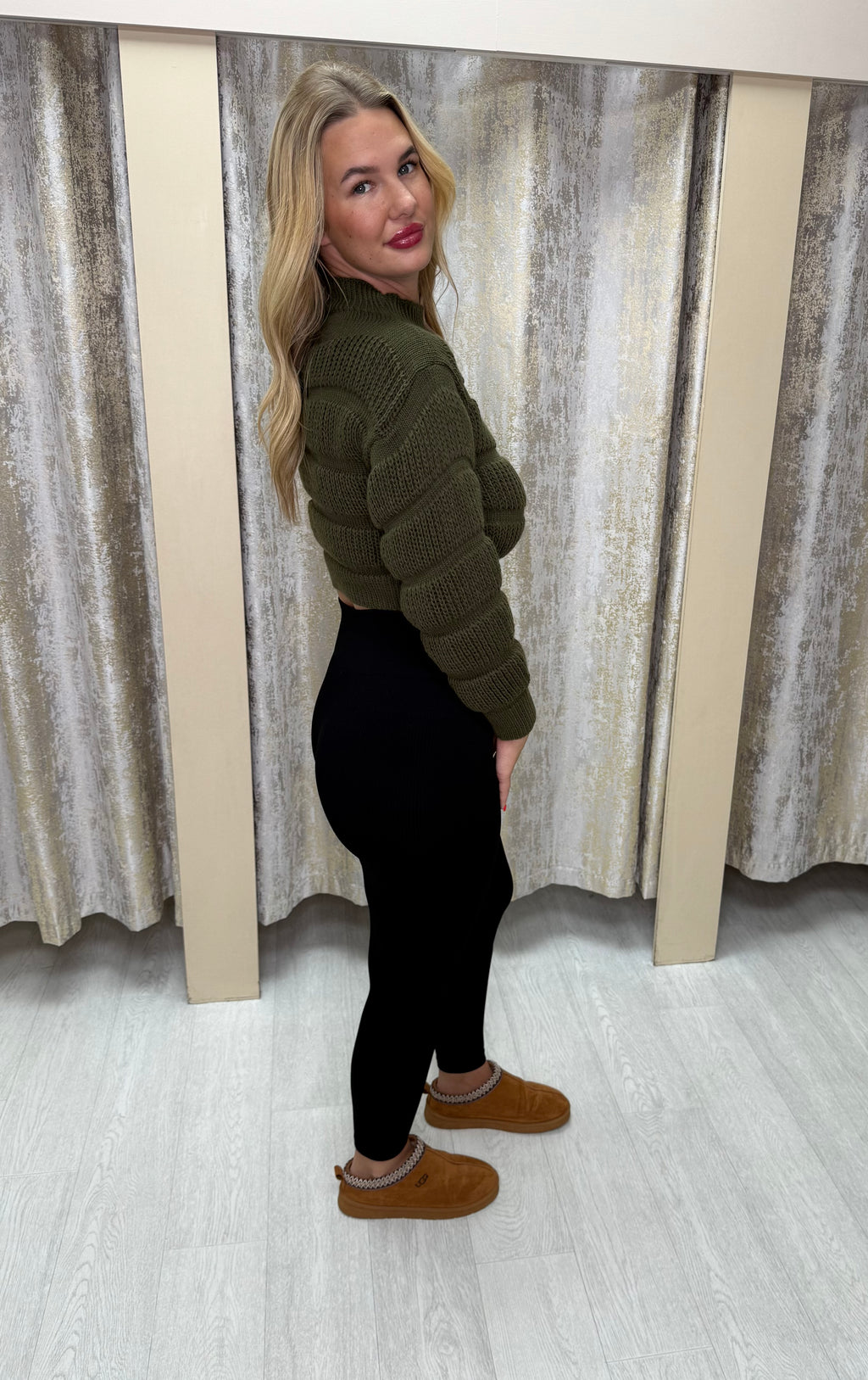 Bubble Knit Cropped Jumper - Khaki Green