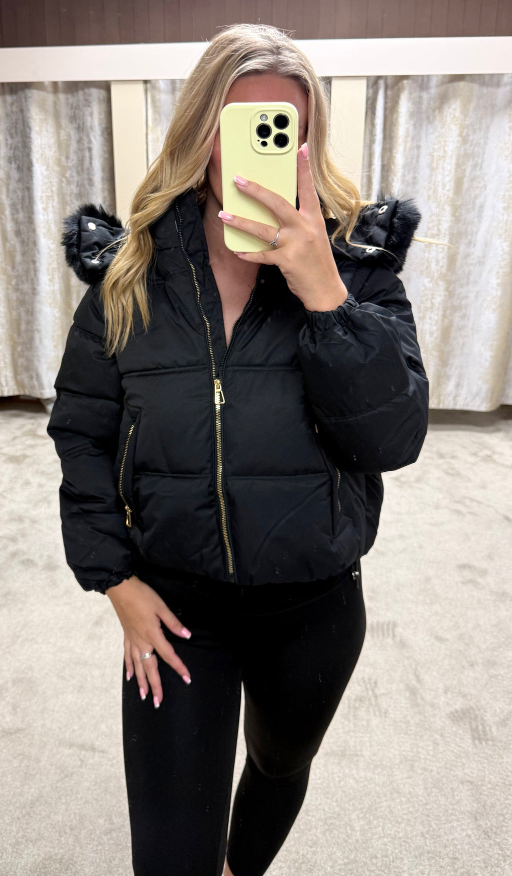 Luxe Faux Fur Gold Zip Detail Coat - Black