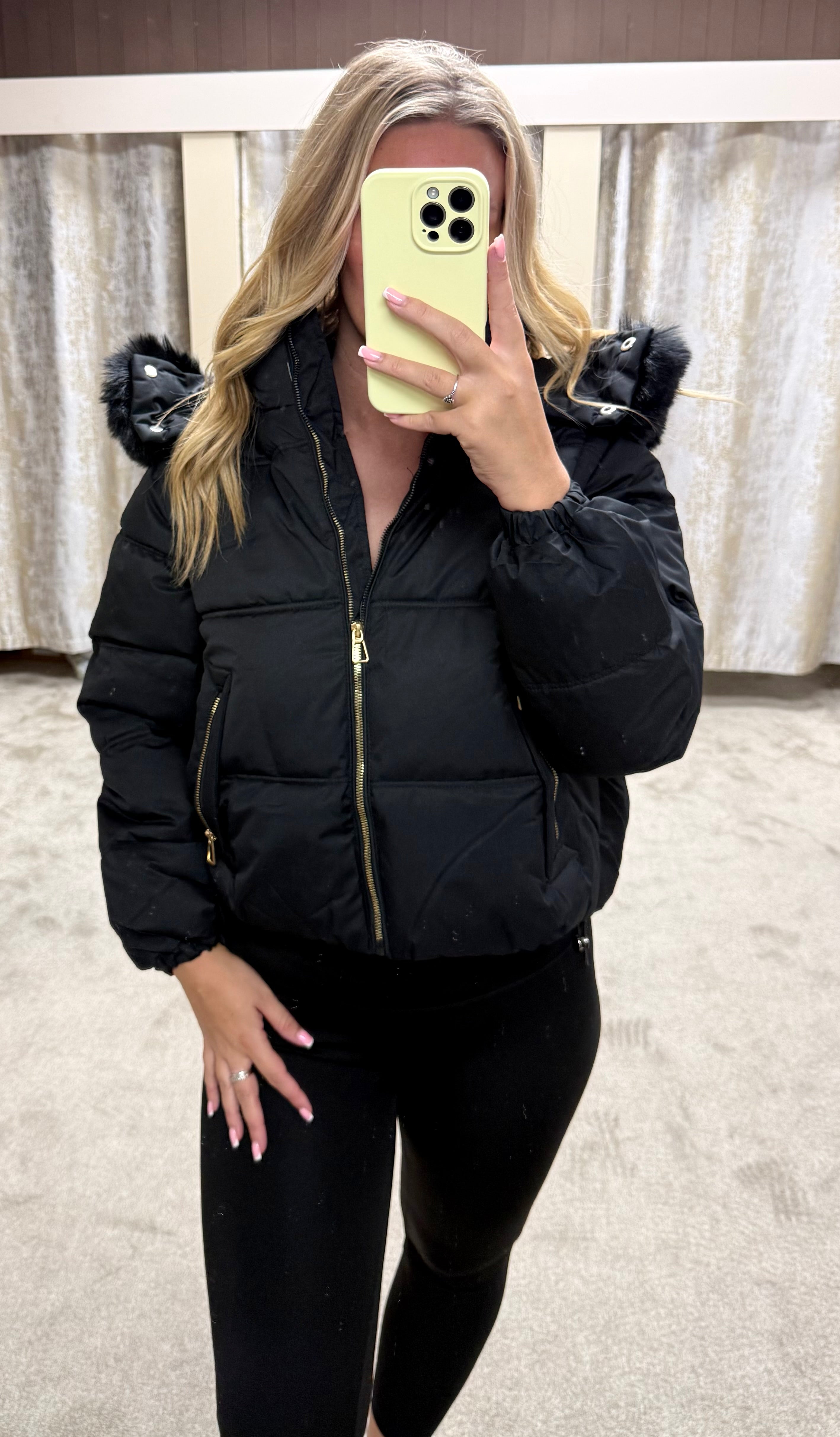 Luxe Faux Fur Gold Zip Detail Coat - Black