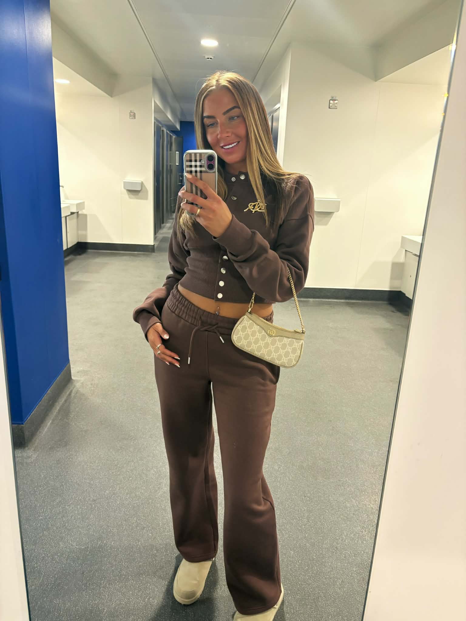 Corset Fit Cinched Waist Snap Button Sweatshirt with Wide Leg Trousers - Chocolate Brown