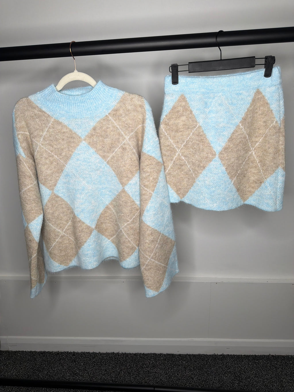 Diamond Check Pastel Soft Knit Jumper & Skirt Co Ord