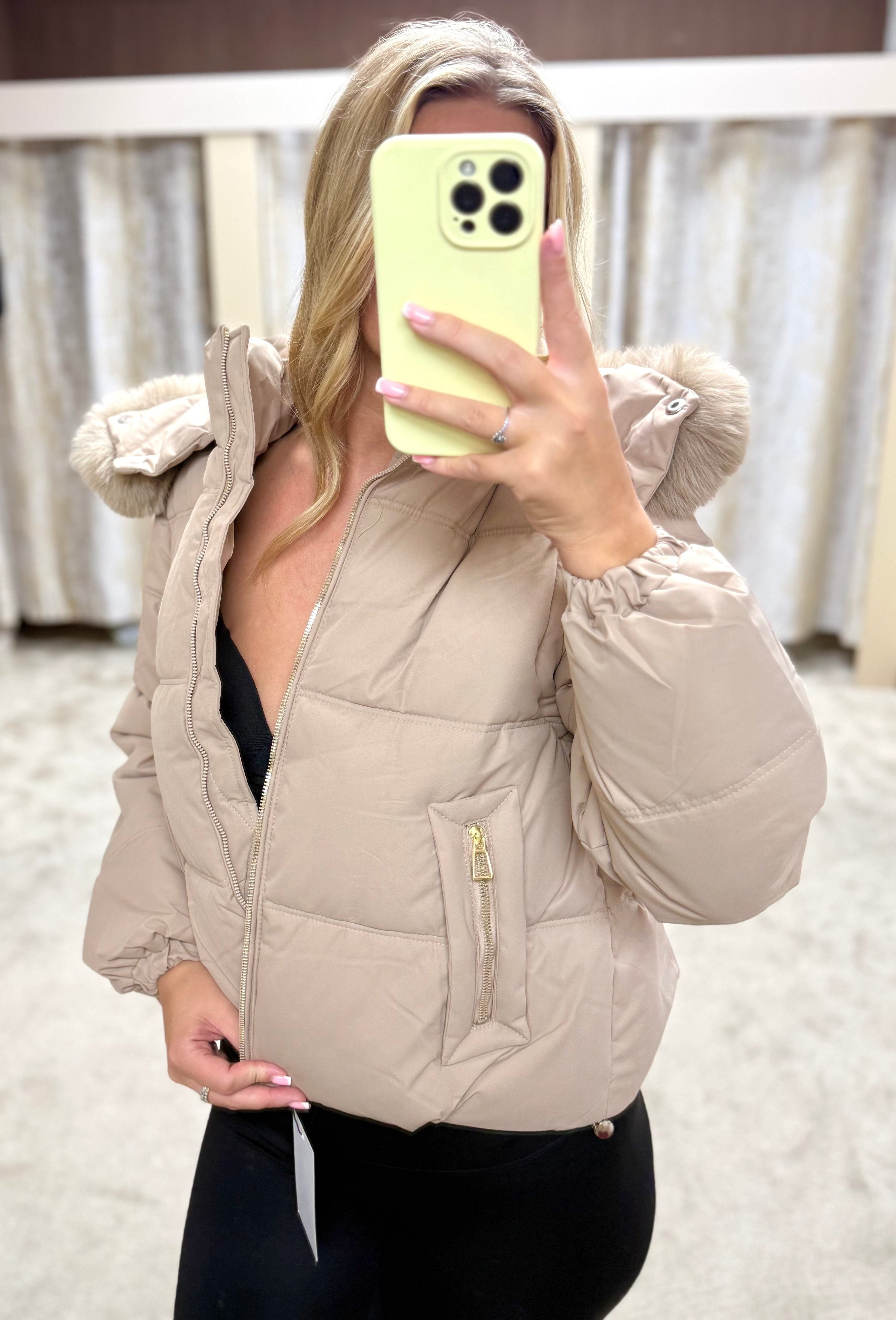 Luxe Faux Fur Gold Zip Detail Coat - Beige