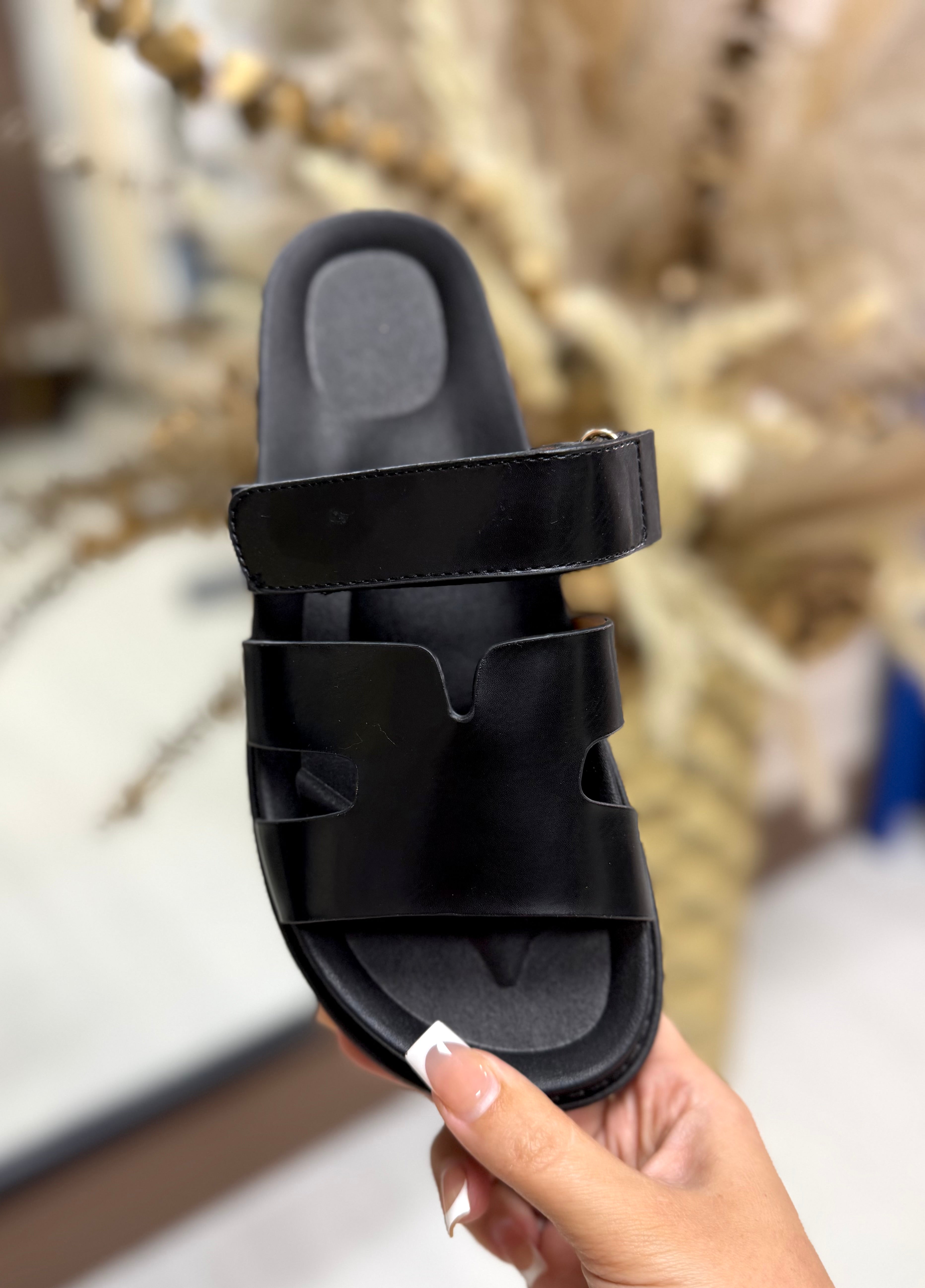 Hermes Inspired Velcro Sliders - Black