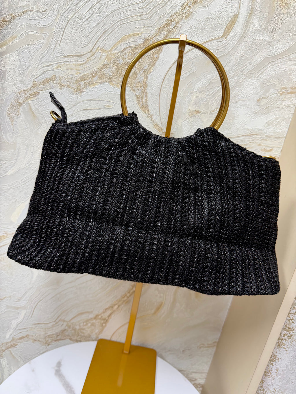 Gold Ring Handle Boho Woven Bag - Black