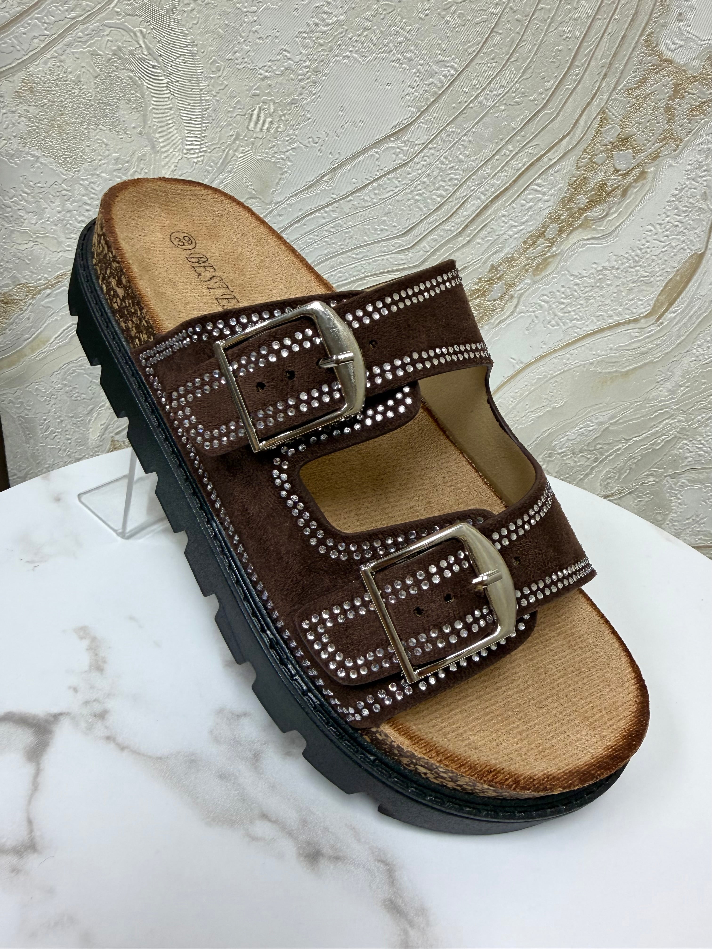 Diamanté Suede Buckle Slider - Chocolate Brown