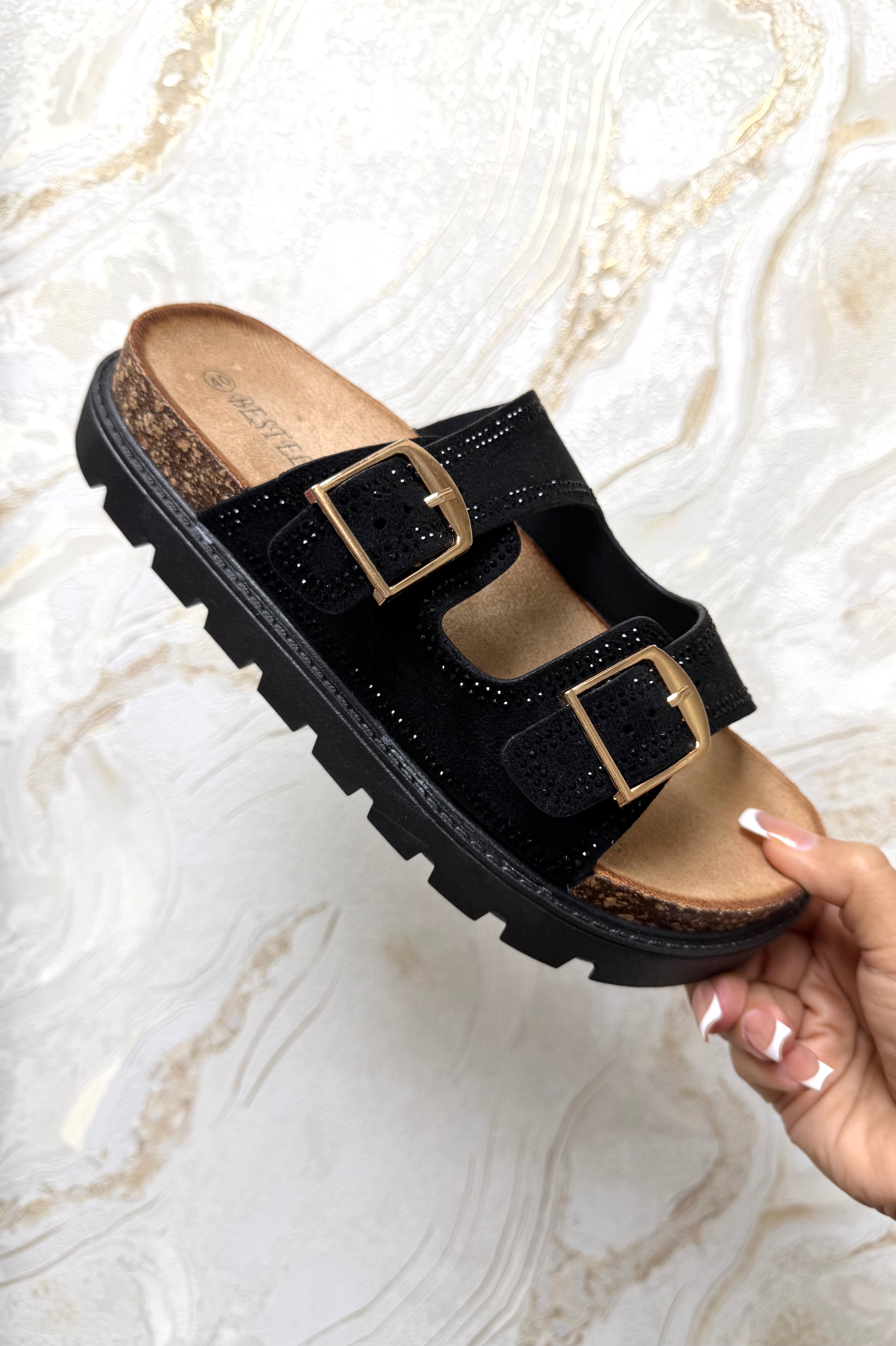 Diamanté Buckle Sliders - Black