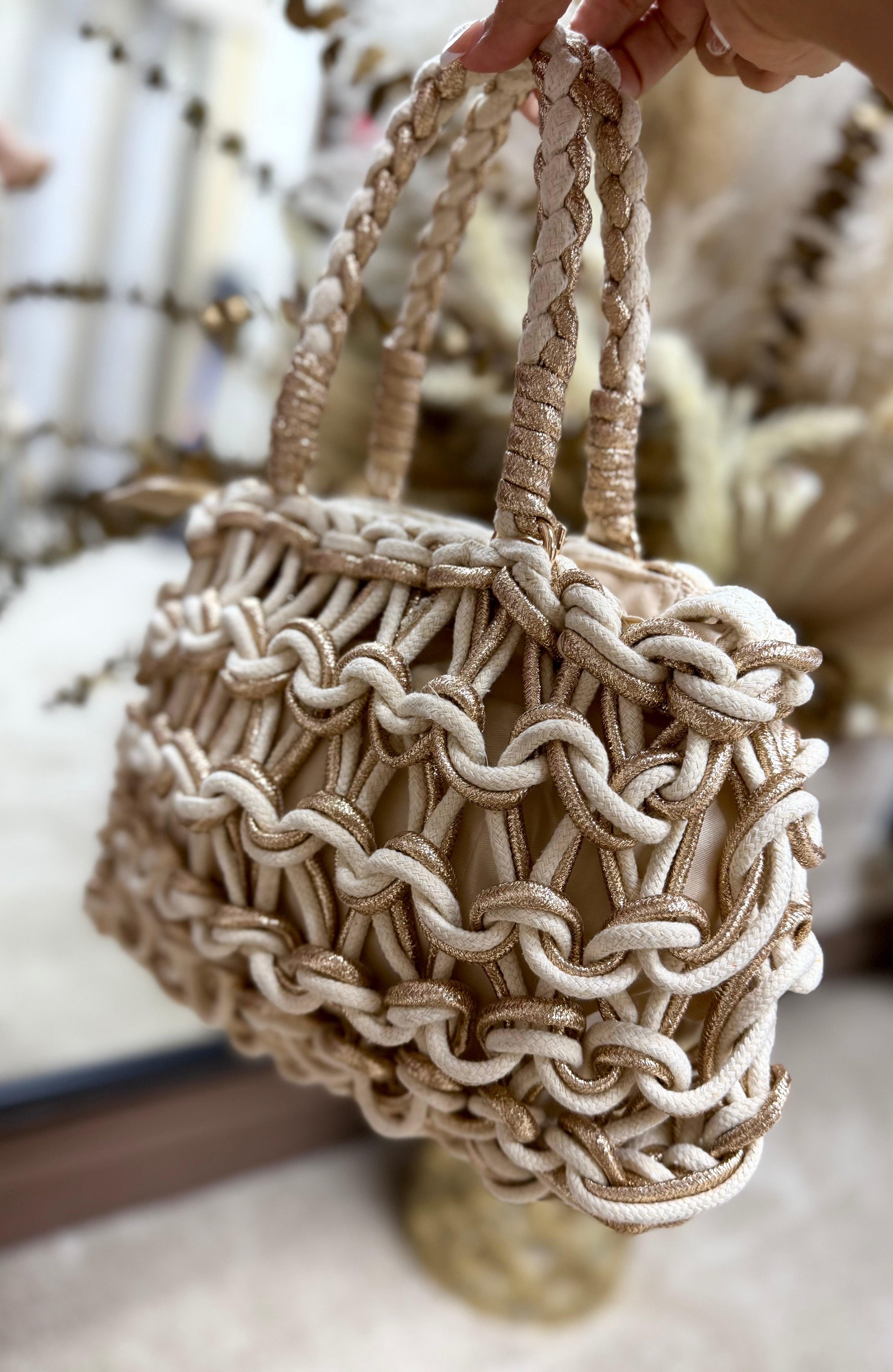 Chunky Yarn Knit Bag - Beige & Gold