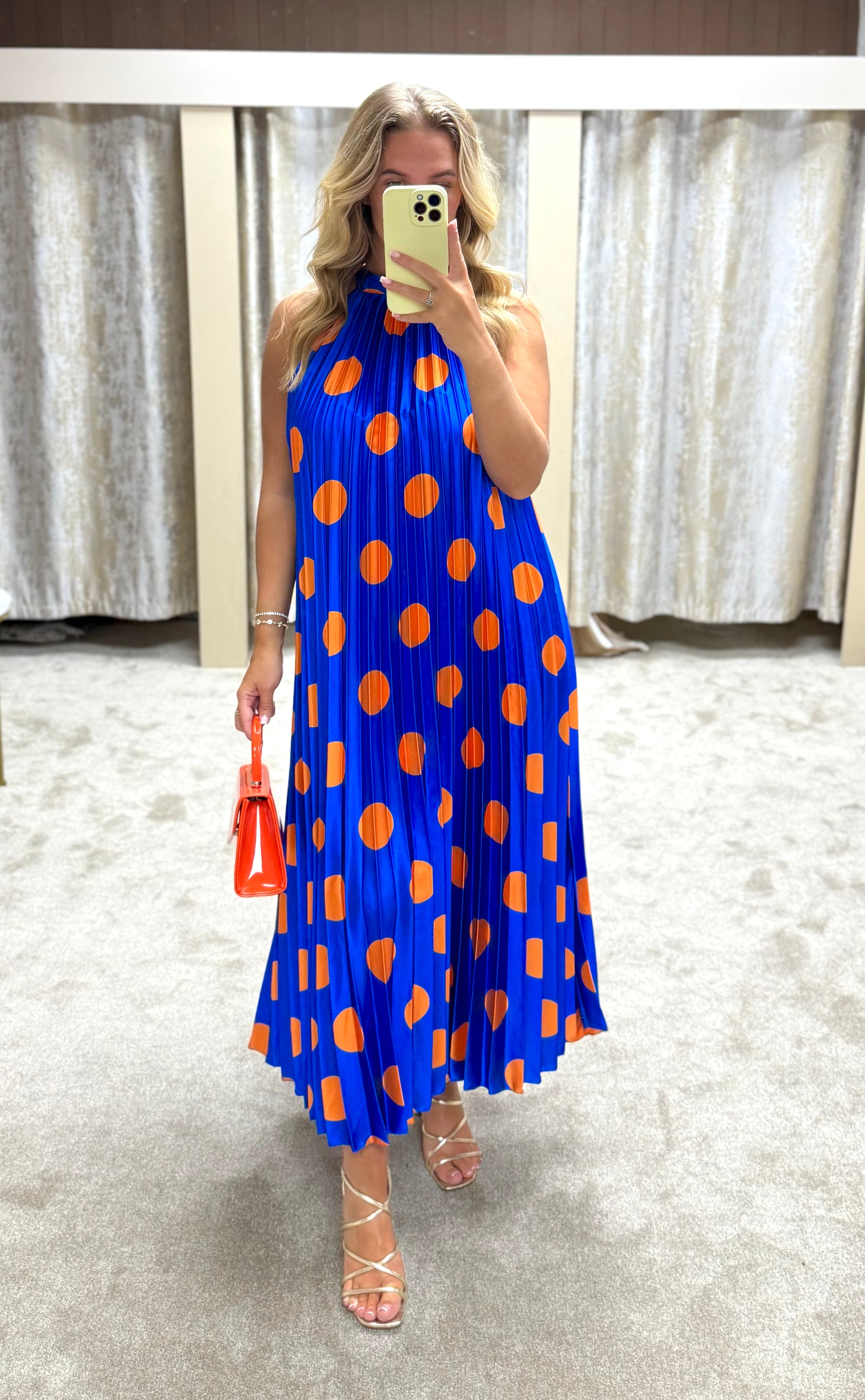 Royal Blue & Orange Polka Dot Pleated Maxi Dress