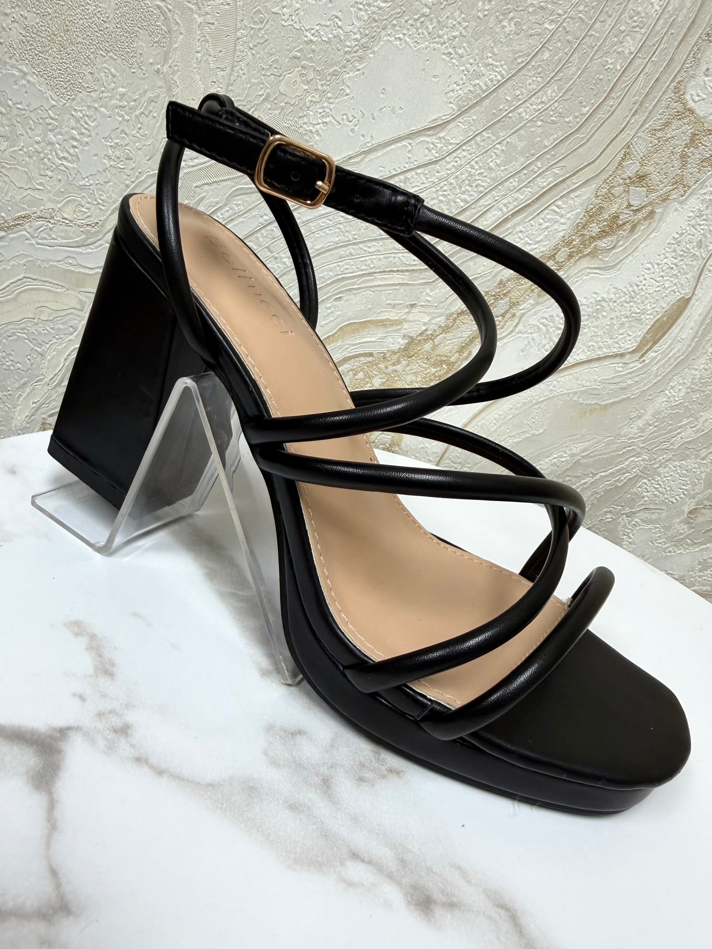 Strappy Comfy Platform Block Heels - Black