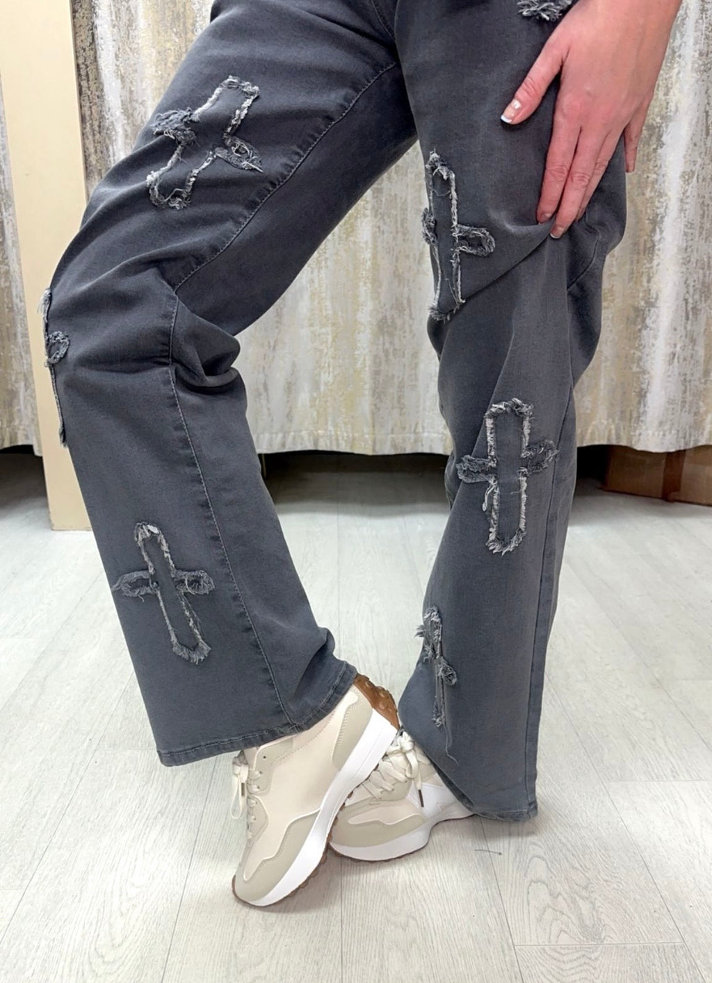 Crucifix Premium Denim Wide Leg High Waisted Stretchy Jeans - Grey