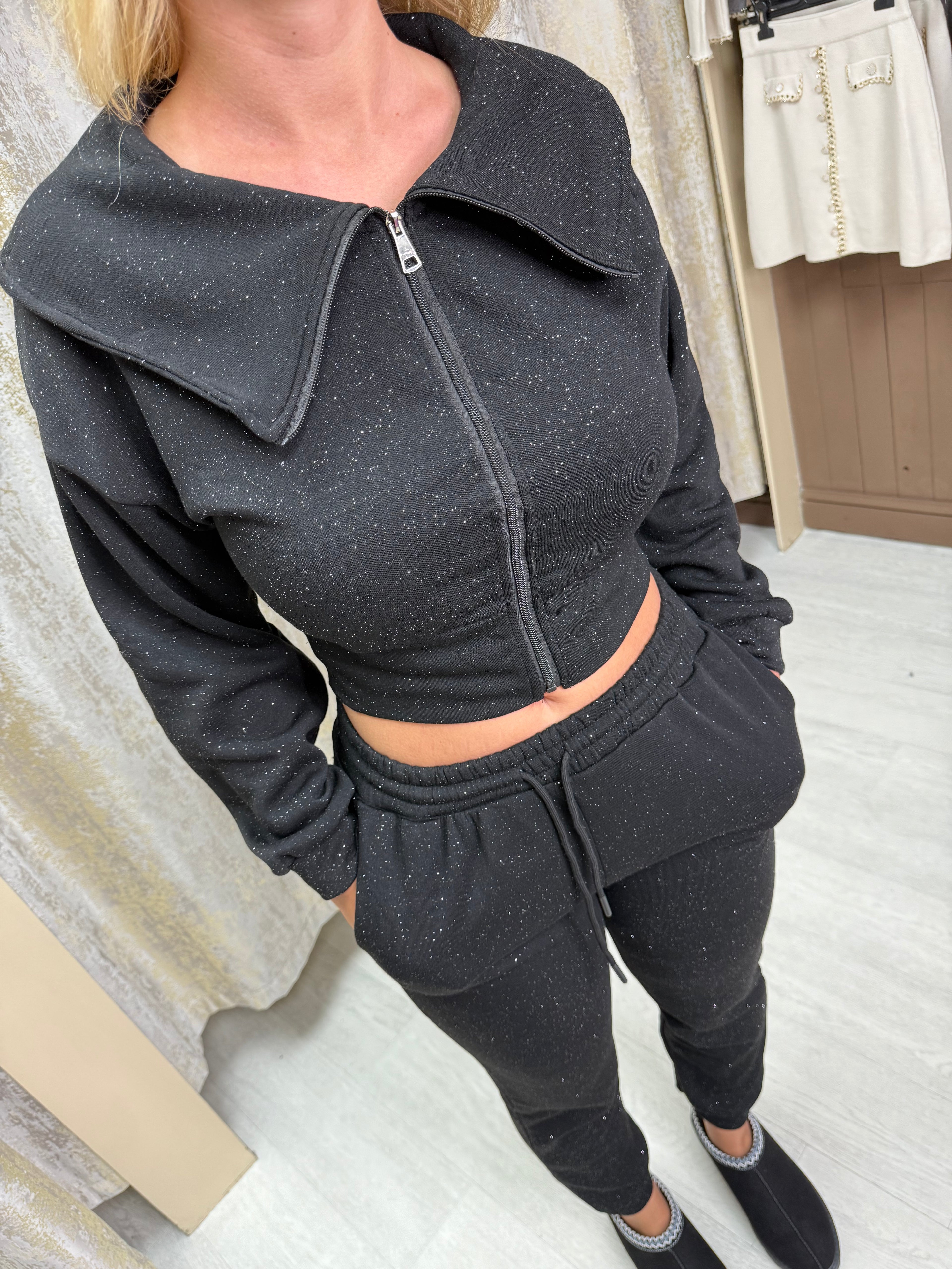 Cinched Waist & Oversized Collar Fine Glitter Cuffed Tracksuit - Black