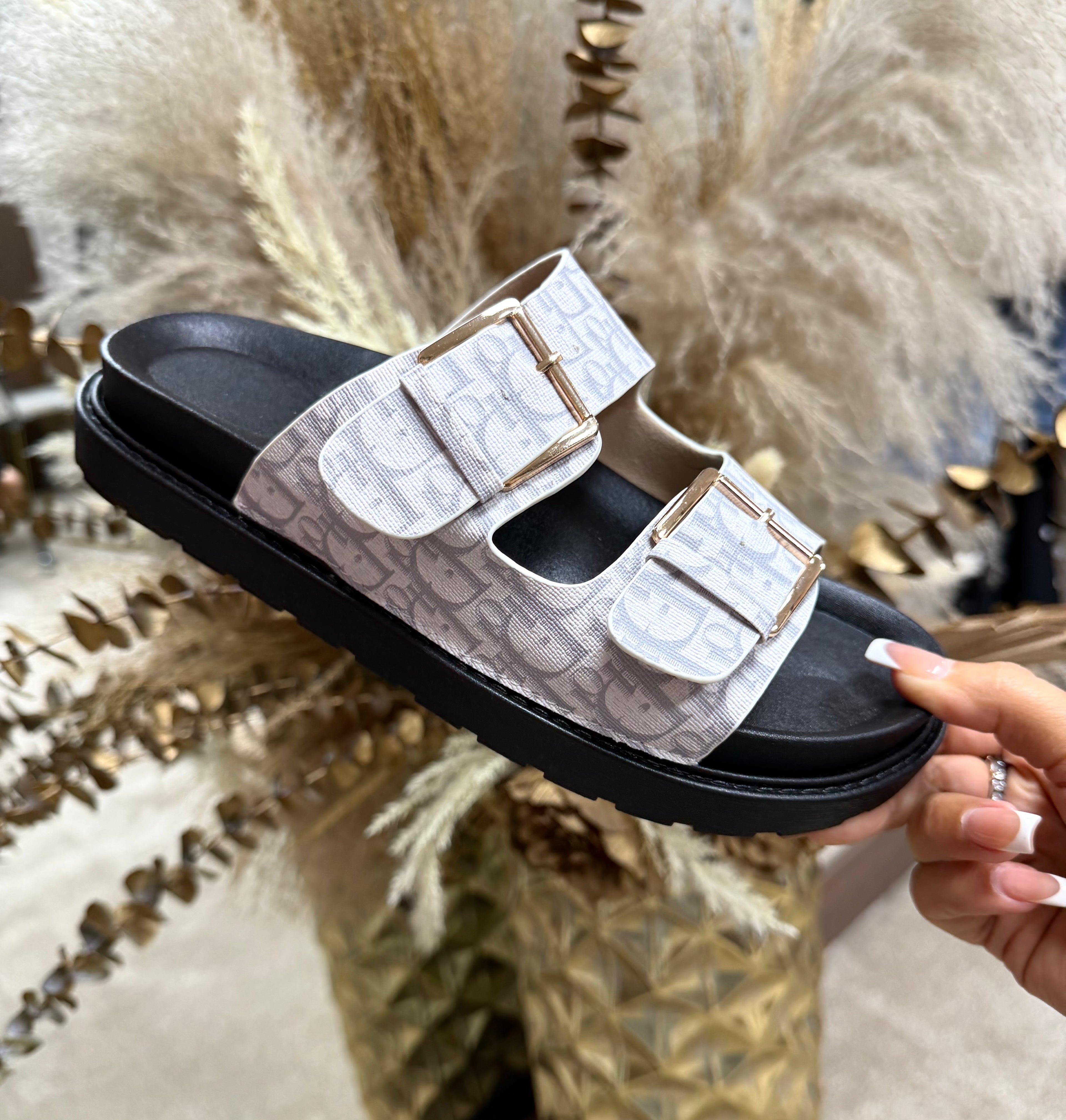 Dior Inspired Buckle Sliders - White