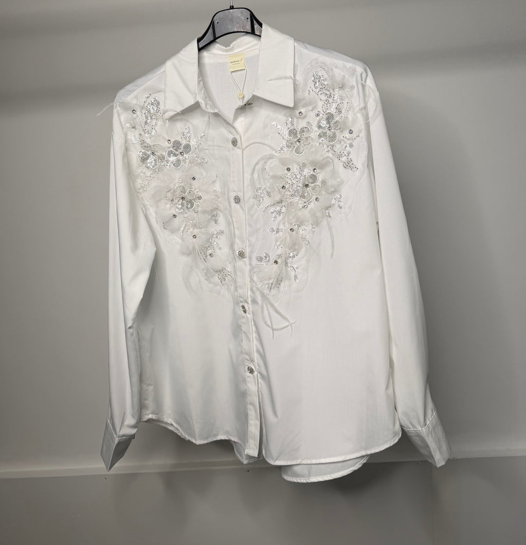 LUXE Embellished Diamanté Mesh Flower Detail Shirt