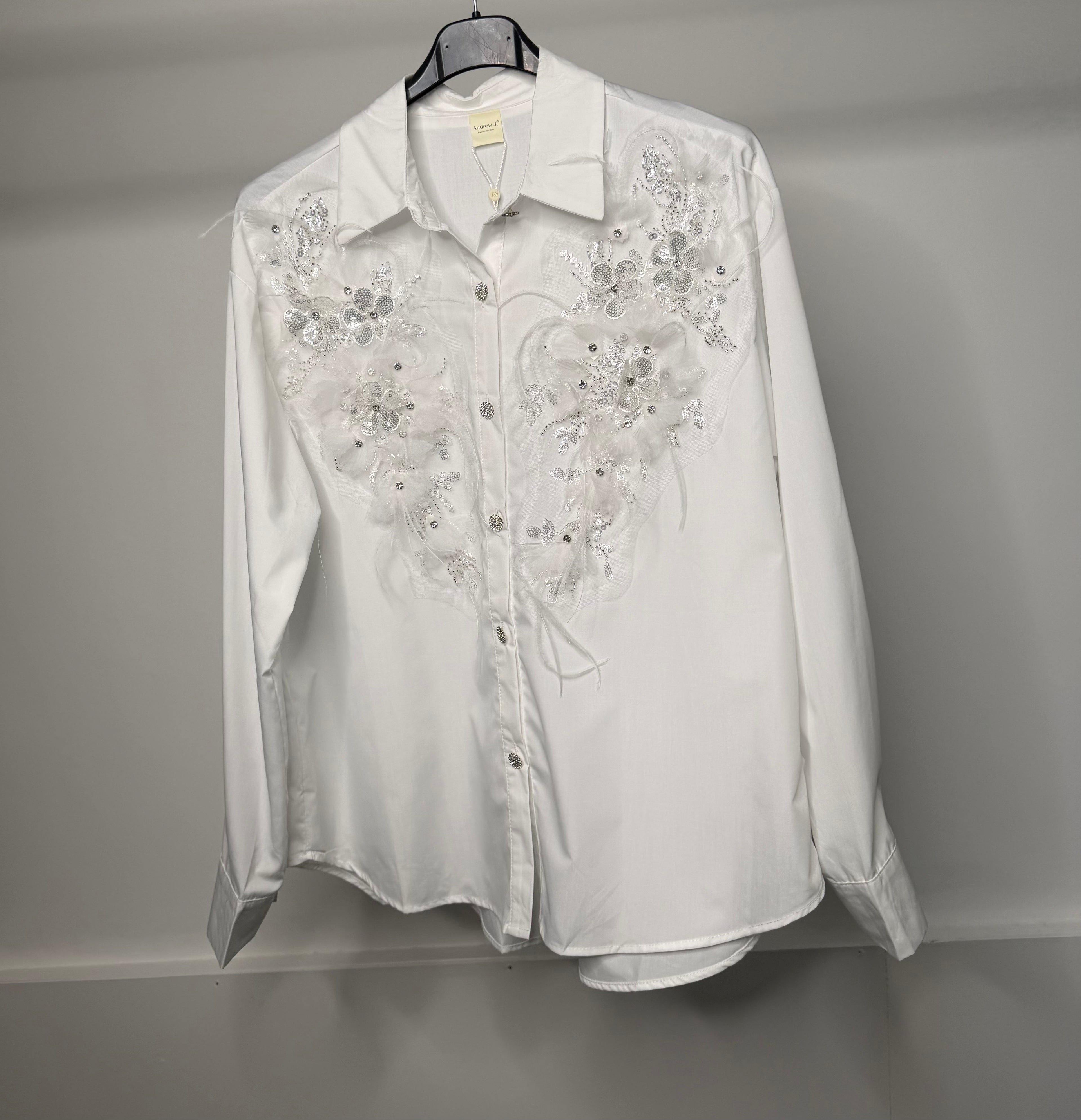 LUXE Embellished Diamanté Mesh Flower Detail Shirt