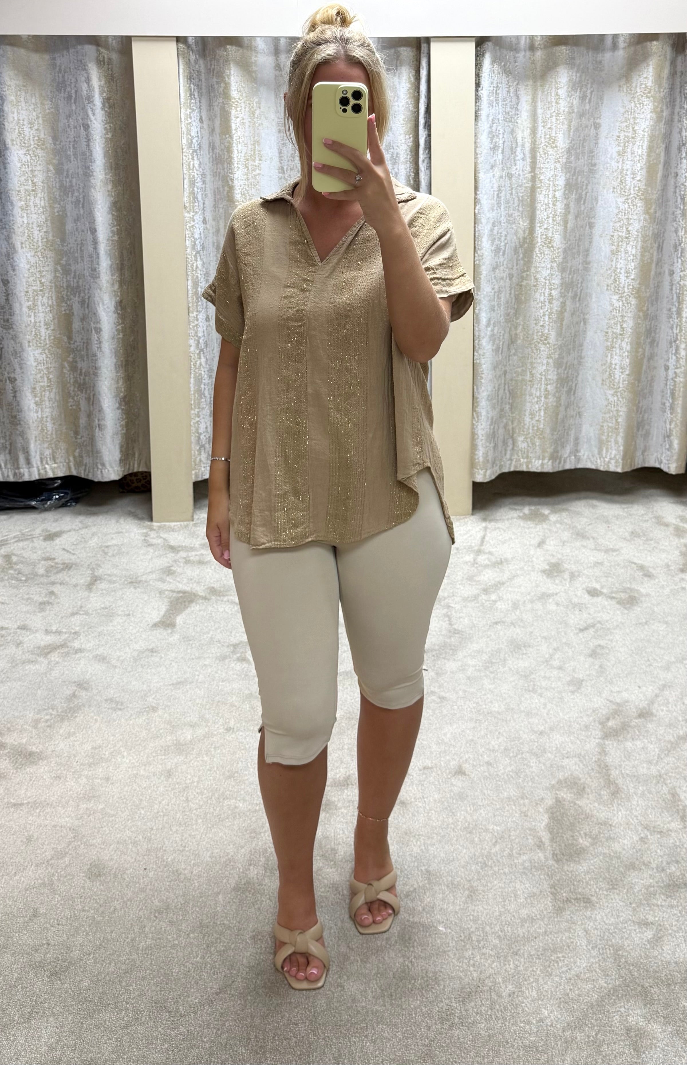 Linen & Cotton Blend Oversized Shirt With Metallic Gold Thread Detail