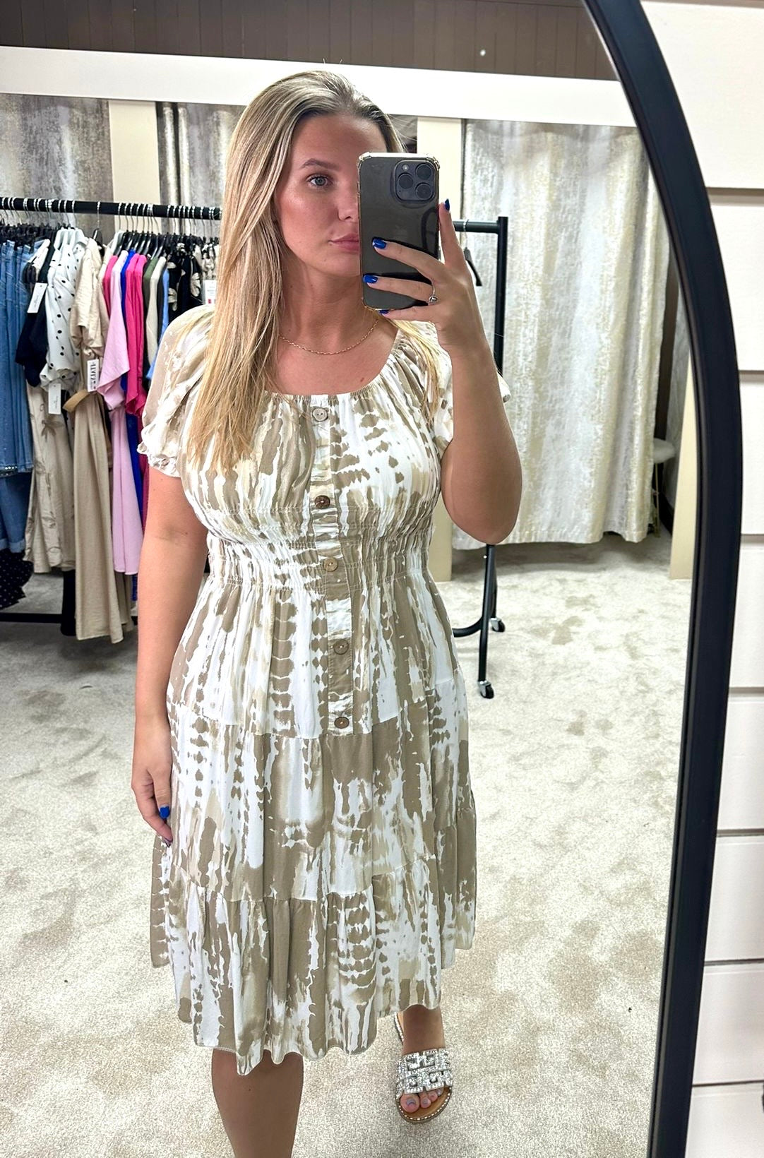 Tie Dye Elasticated Waist Cinching Tiered Dress