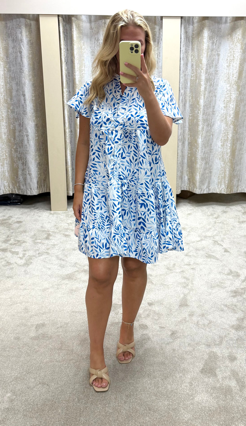 Leaf Print Angel Sleeve Fit & Flare Dress - Royal Blue