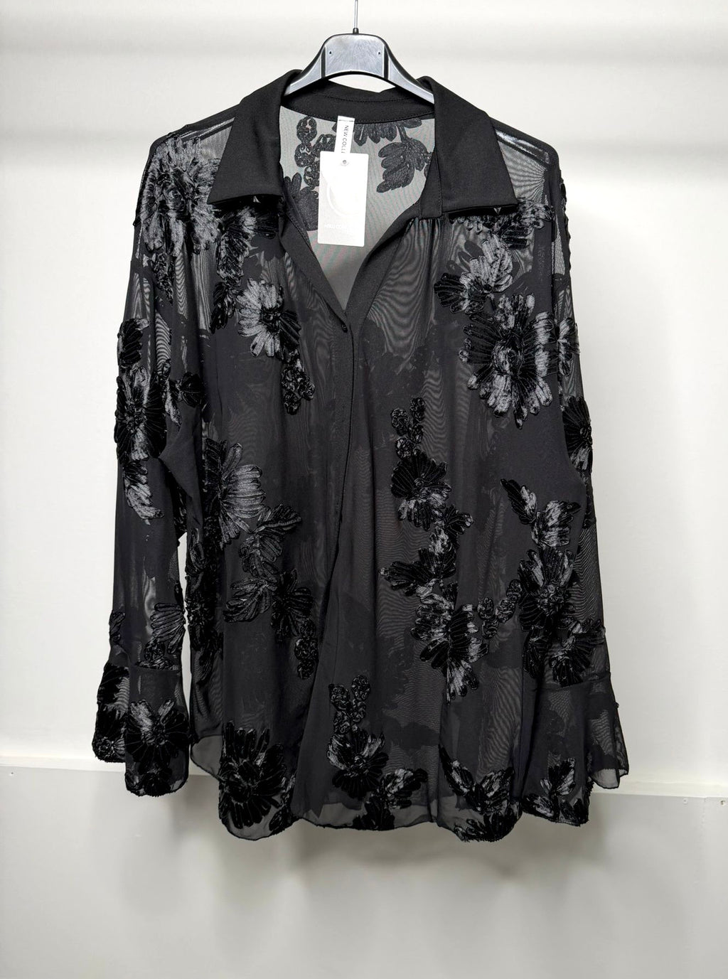 PLUS SIZE - Flower Embroidered Mesh Shirt with Bell Sleeve Detail