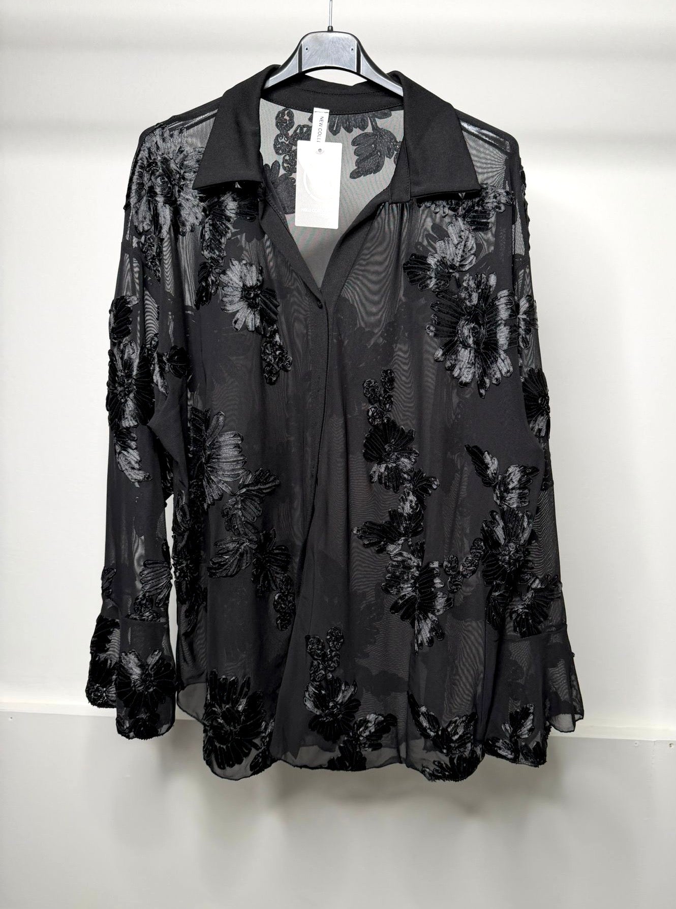 PLUS SIZE - Flower Embroidered Mesh Shirt with Bell Sleeve Detail