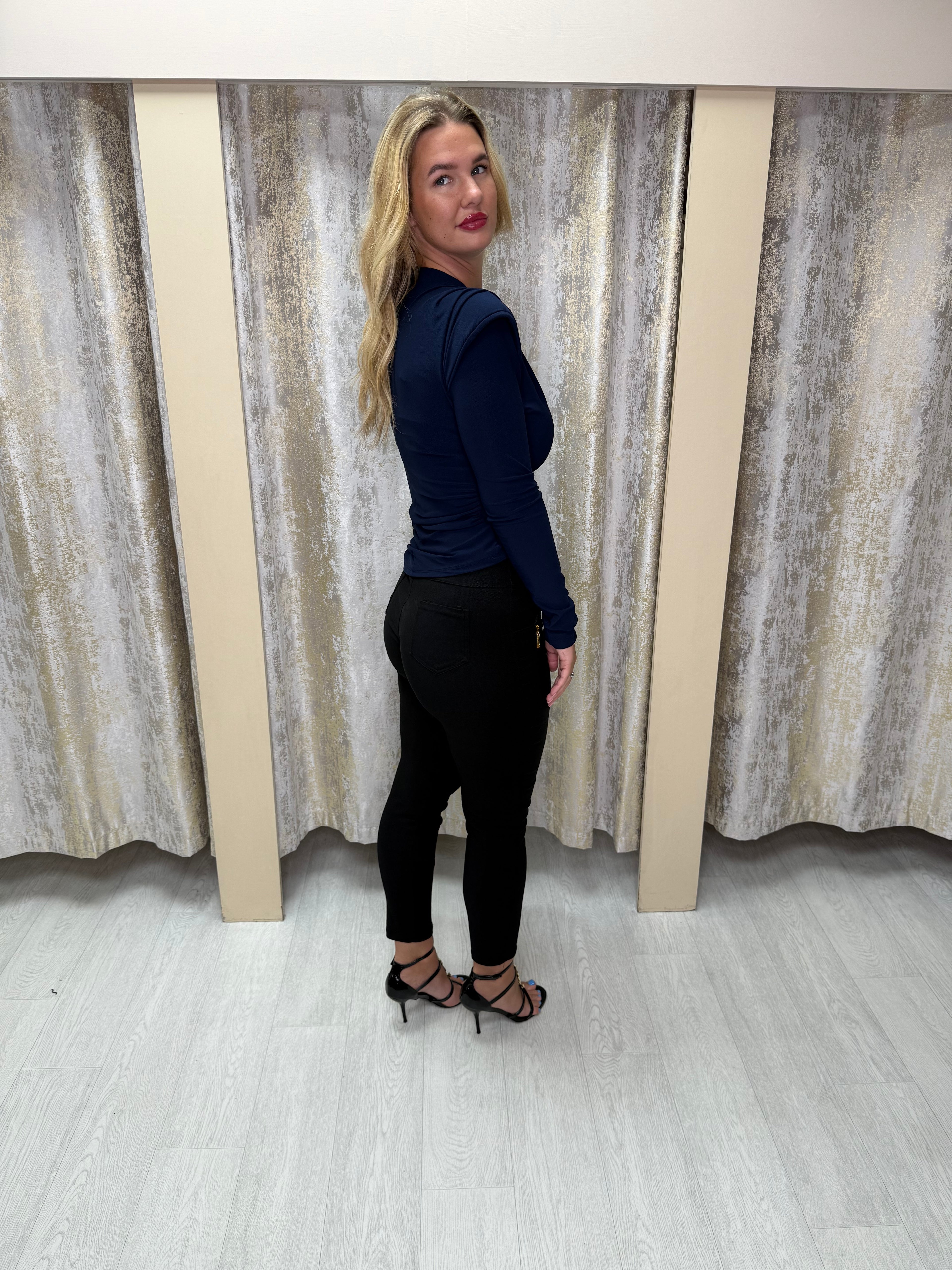 Asymmetric Side Split Long Sleeve Buckle Top with Shoulder Pads & Ruched Detailing