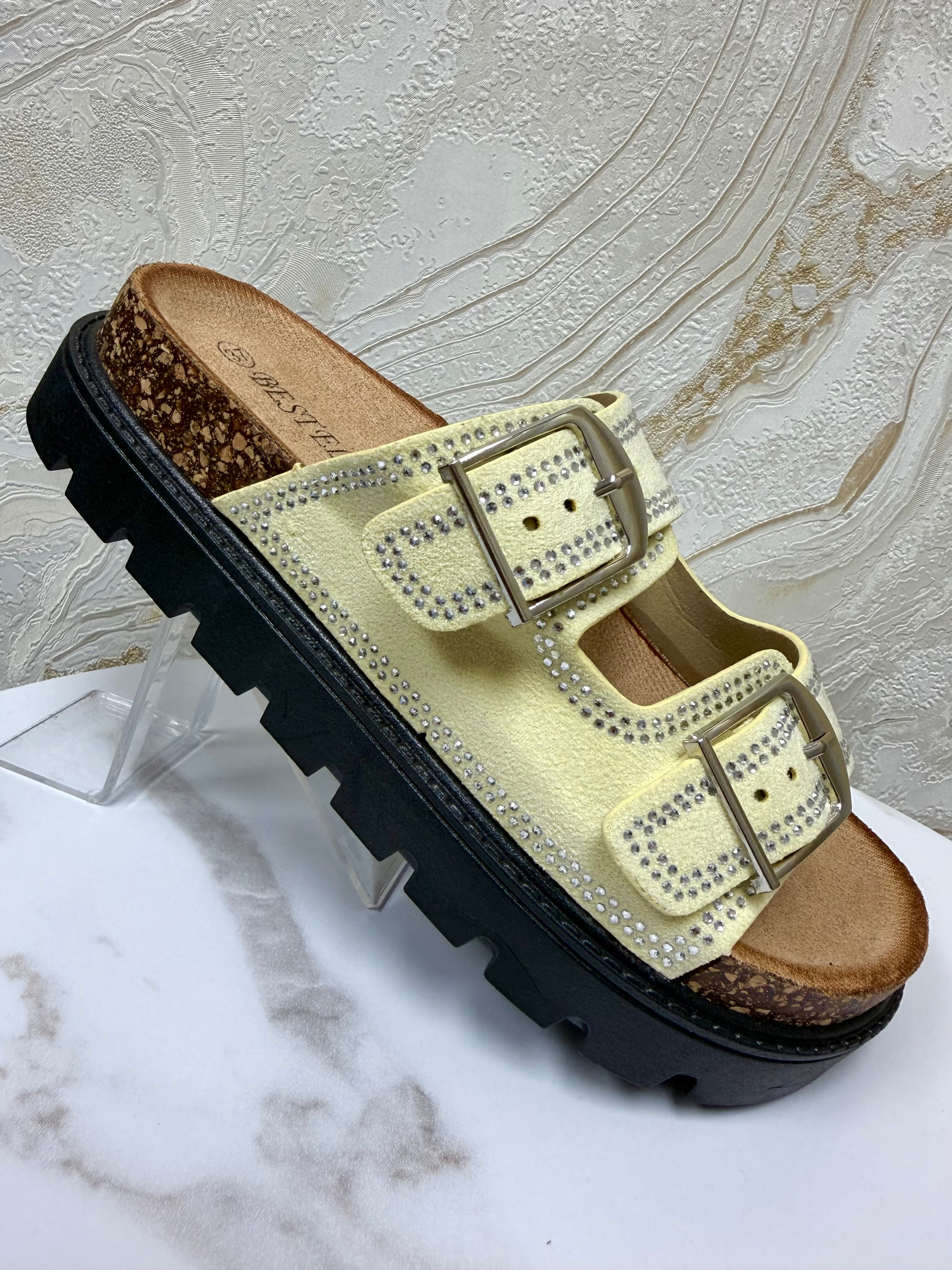 Diamanté Suede Buckle Slider - Lemon