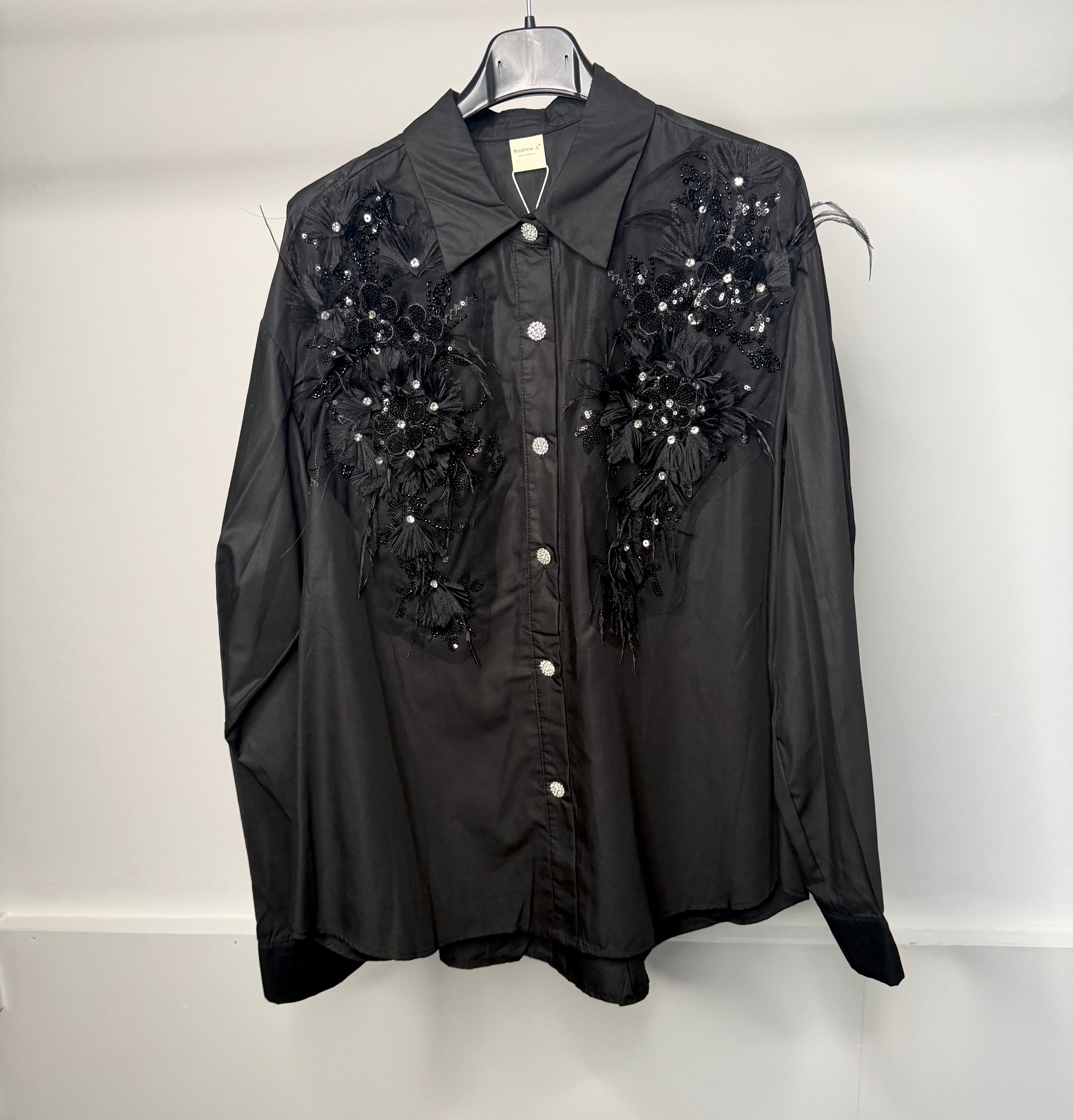 LUXE Embellished Diamanté Mesh Flower Detail Shirt