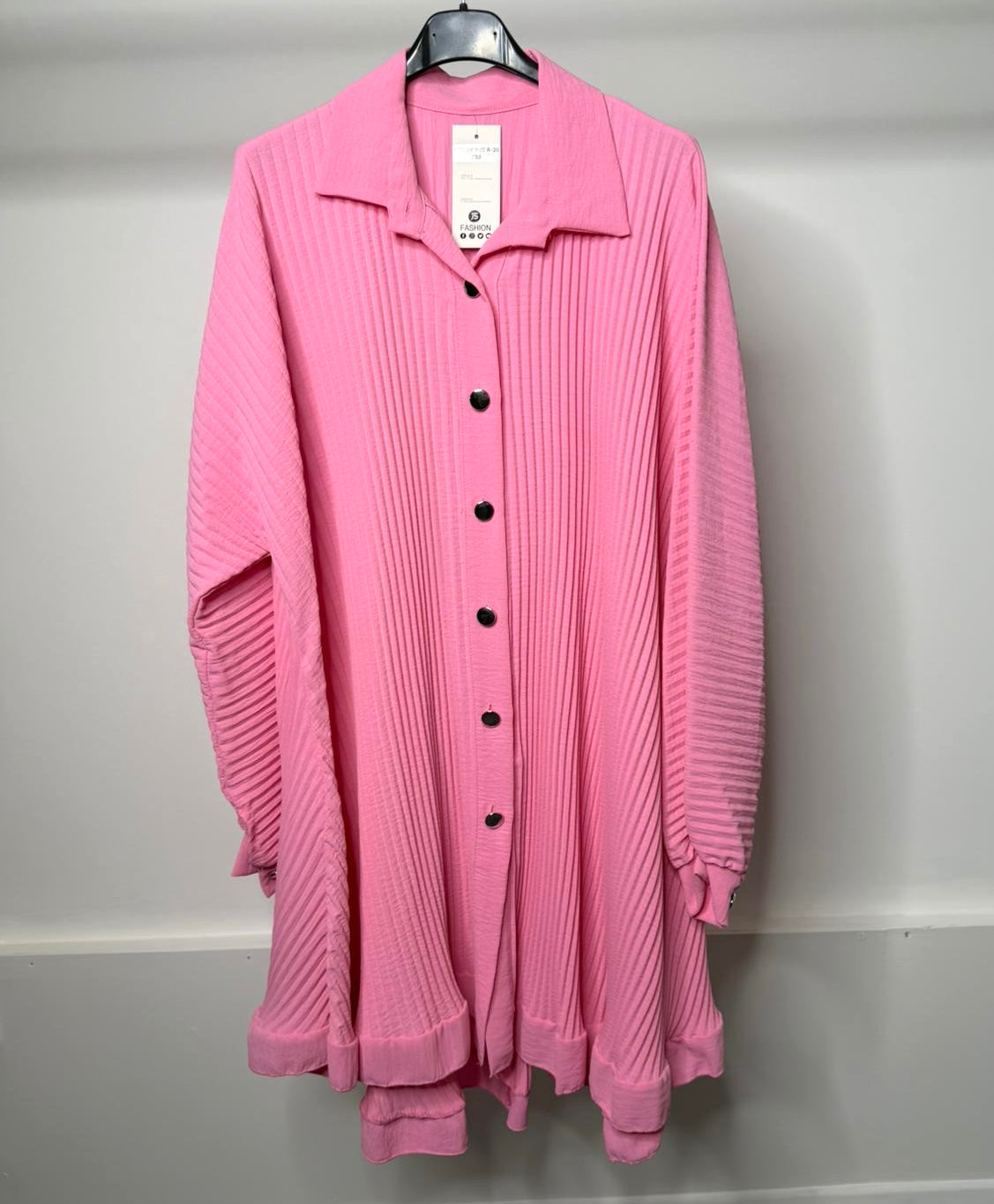 Oversized Pleated Plisse Frill Ruffe Long Sleeve Dress with Gold Button Detail