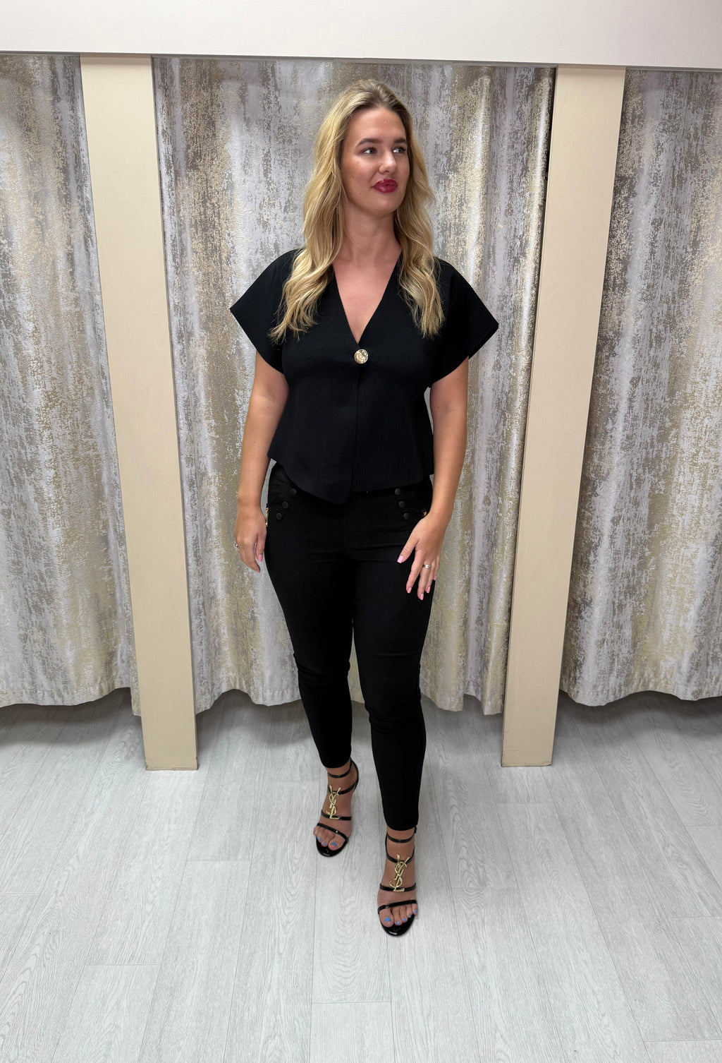 Cap Sleeve Wrap Top with Gold Button Detail