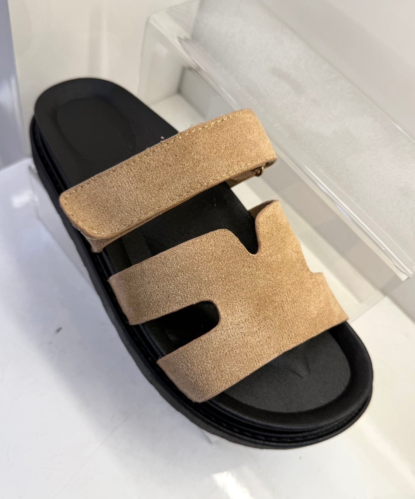 H Inspired Faux Suede Velcro Sliders - Sand