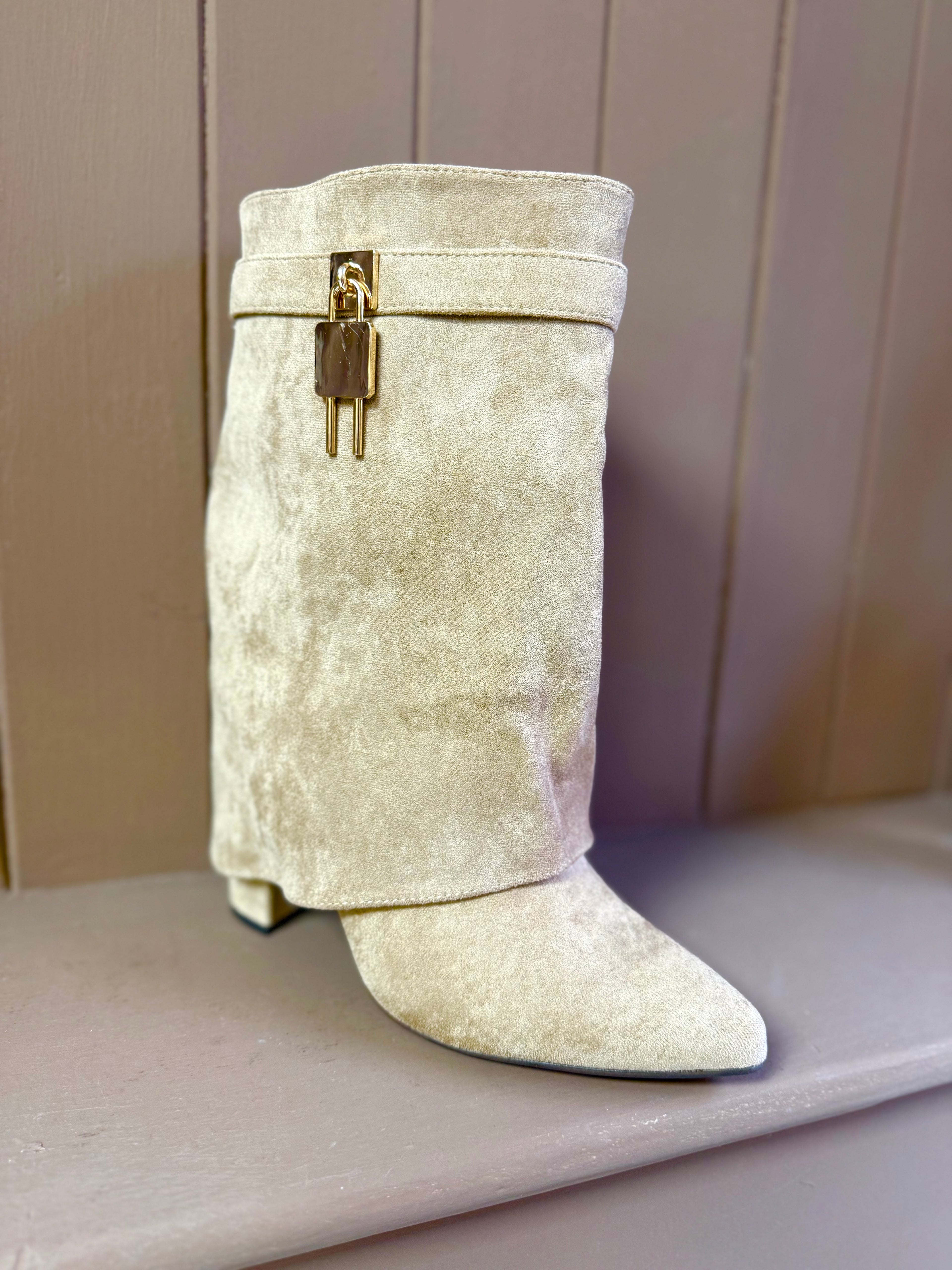 Fold Over Block Heel Shark Boots - Faux Suede with Gold Hardware Detail