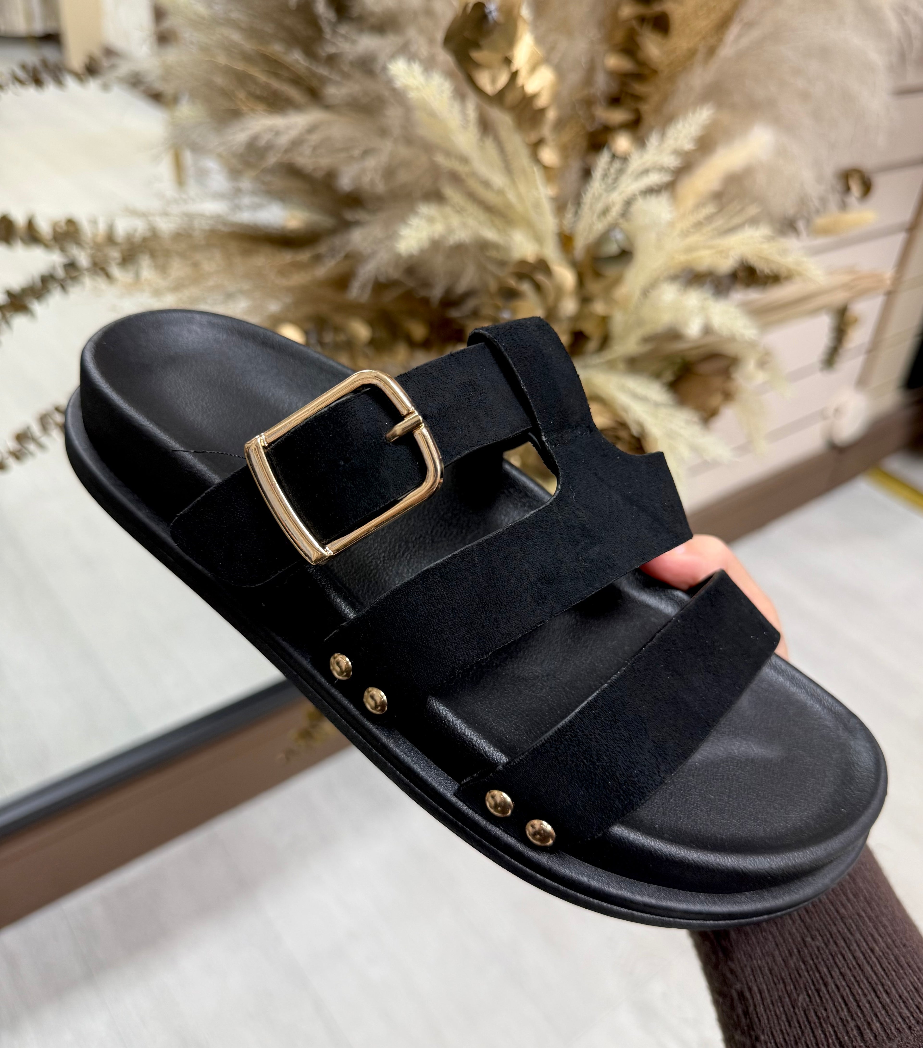Black & Gold Detail Faux Suede Sliders with Adjustable Buckle