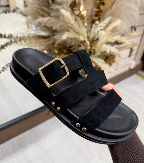 Black & Gold Detail Faux Suede Sliders with Adjustable Buckle