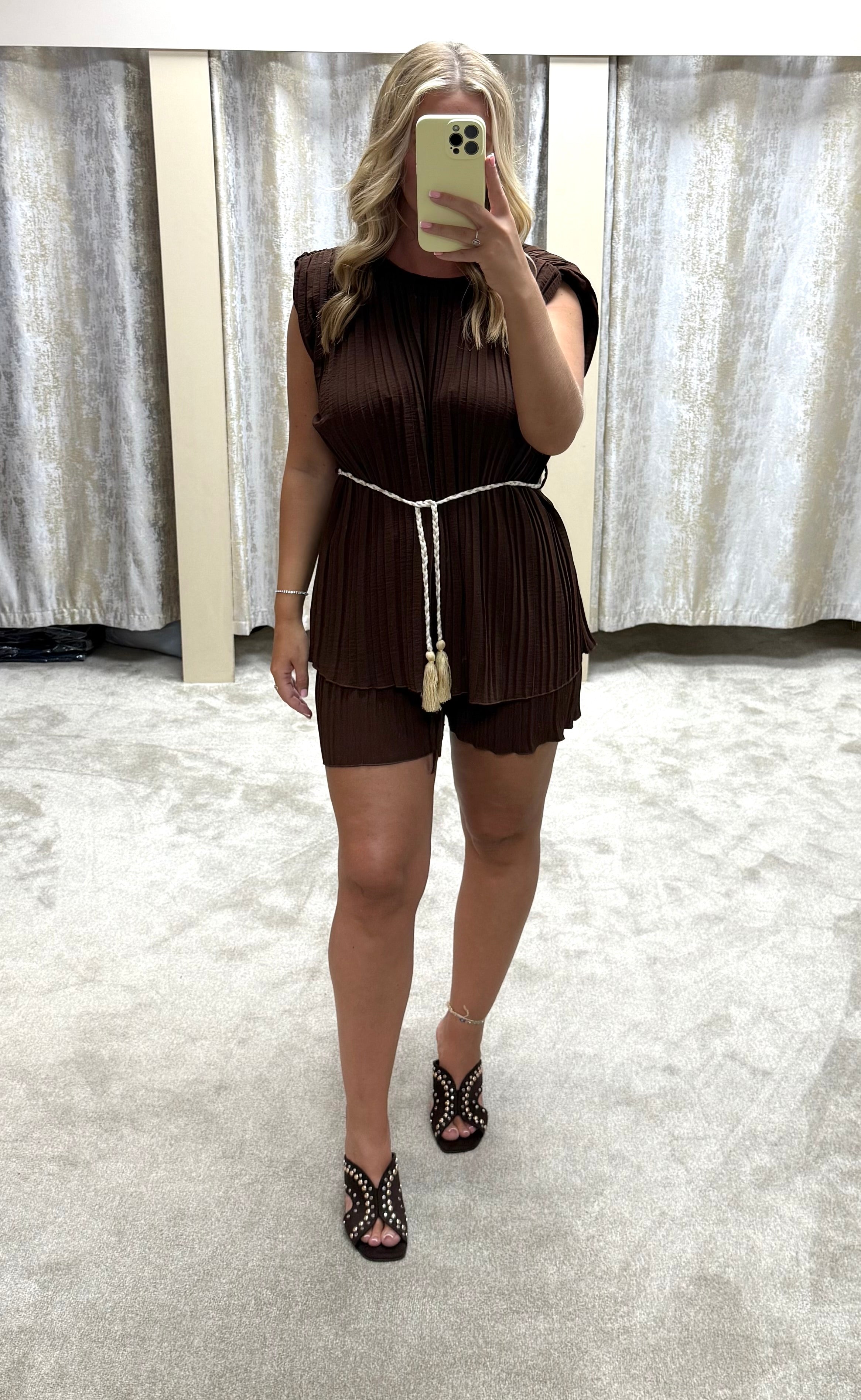 Pleated Shoulder Pad Top With Tie Waist & Short Co Ord