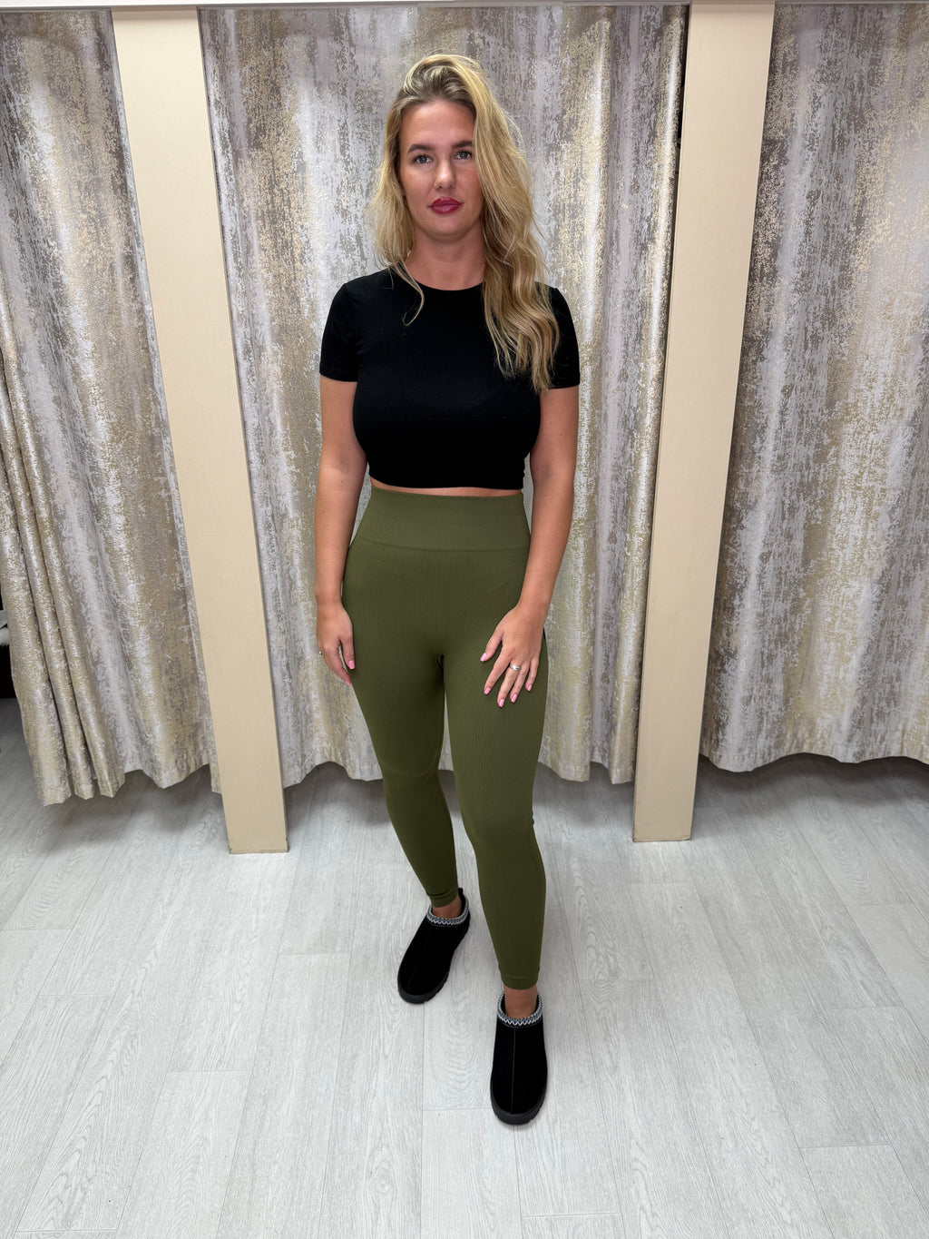 High Waisted Shaping Ribbed Leggings - Khaki