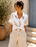 White & Gold Embroidered Detail Tie Waist Linen Shirt