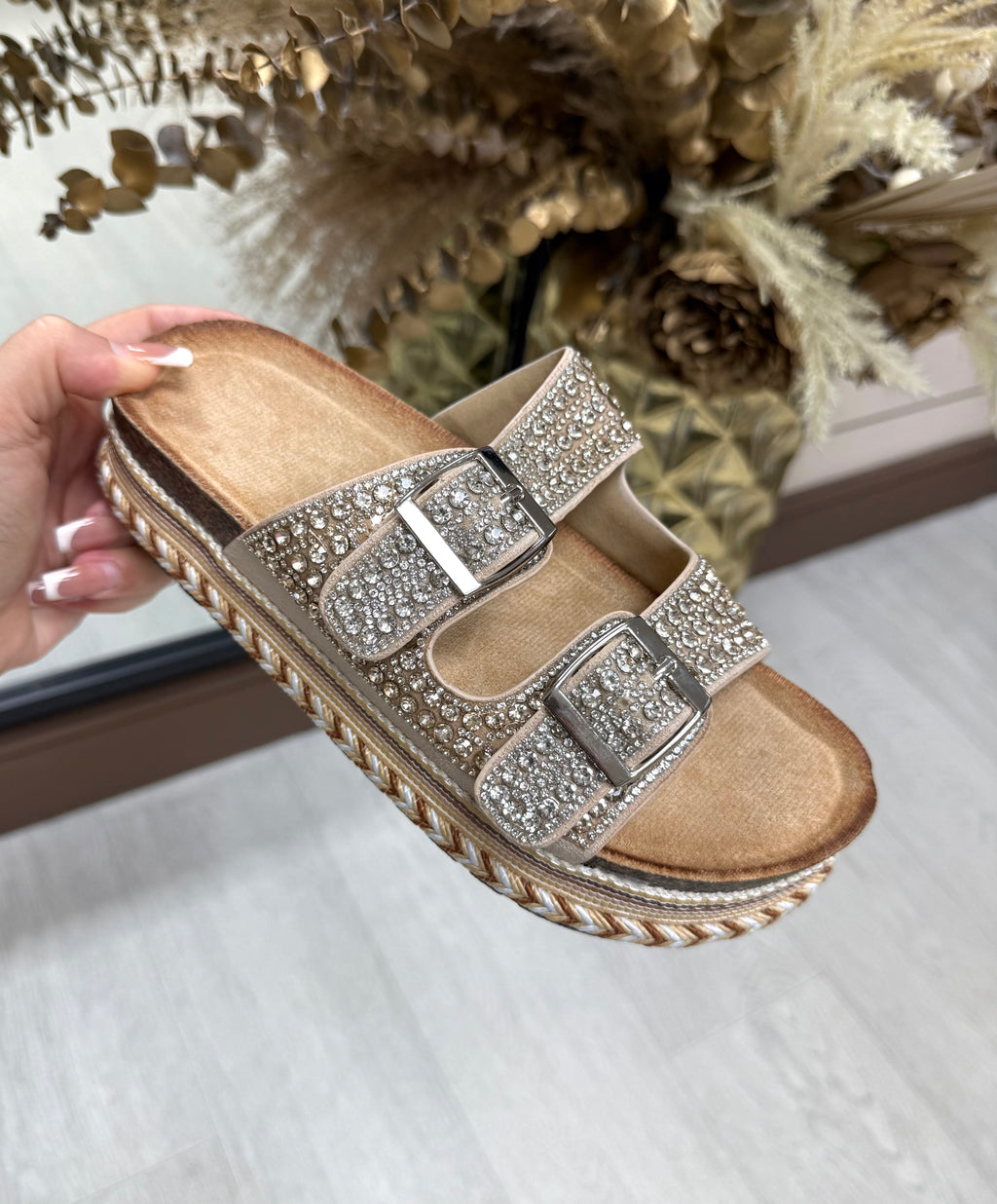 Diamanté Adjustable Buckle Platform Sliders- Beige