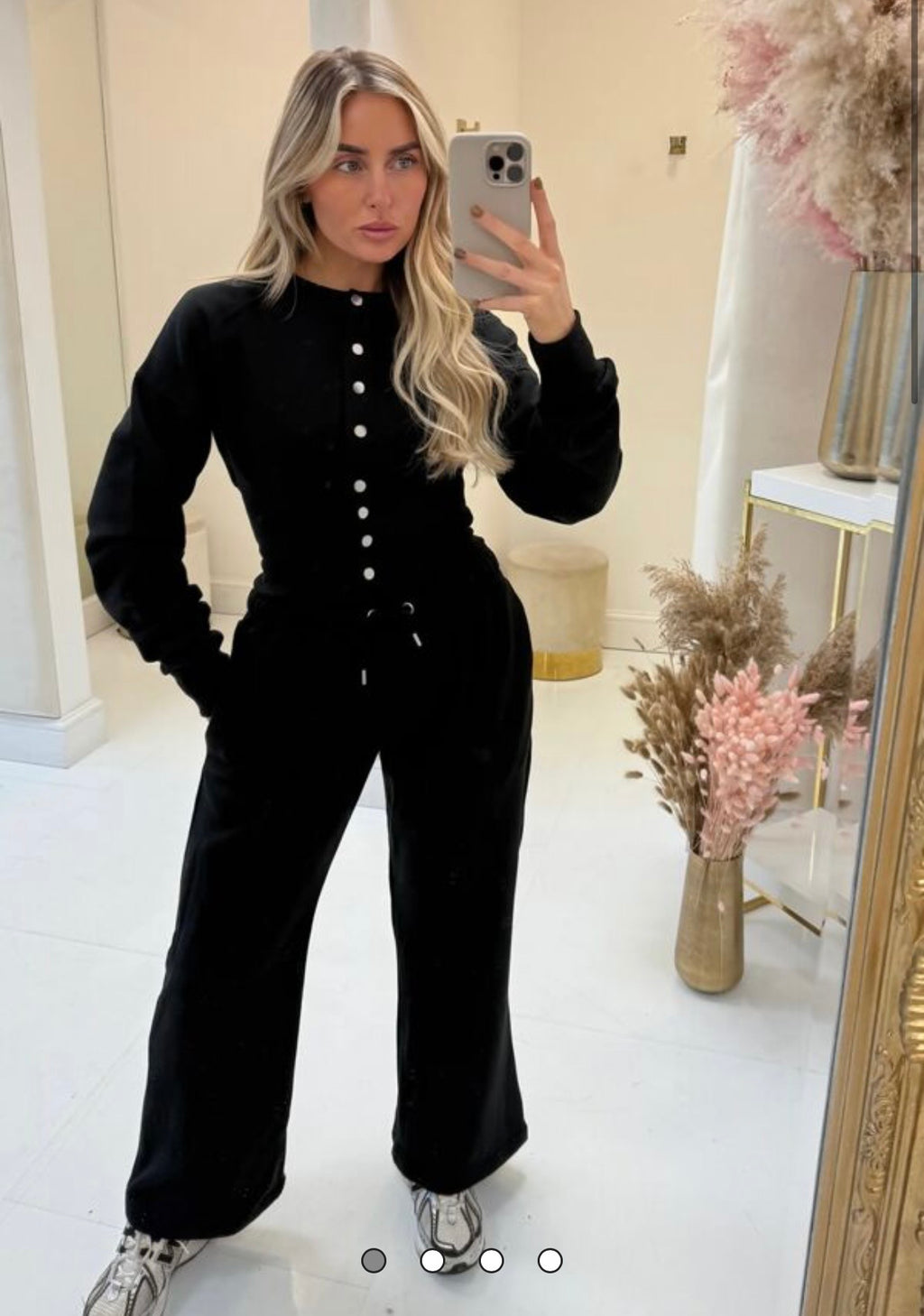 Corset Fit Cinched Waist Snap Button Sweatshirt with Wide Leg Trousers - Black