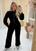 Corset Fit Cinched Waist Snap Button Sweatshirt with Wide Leg Trousers - Black