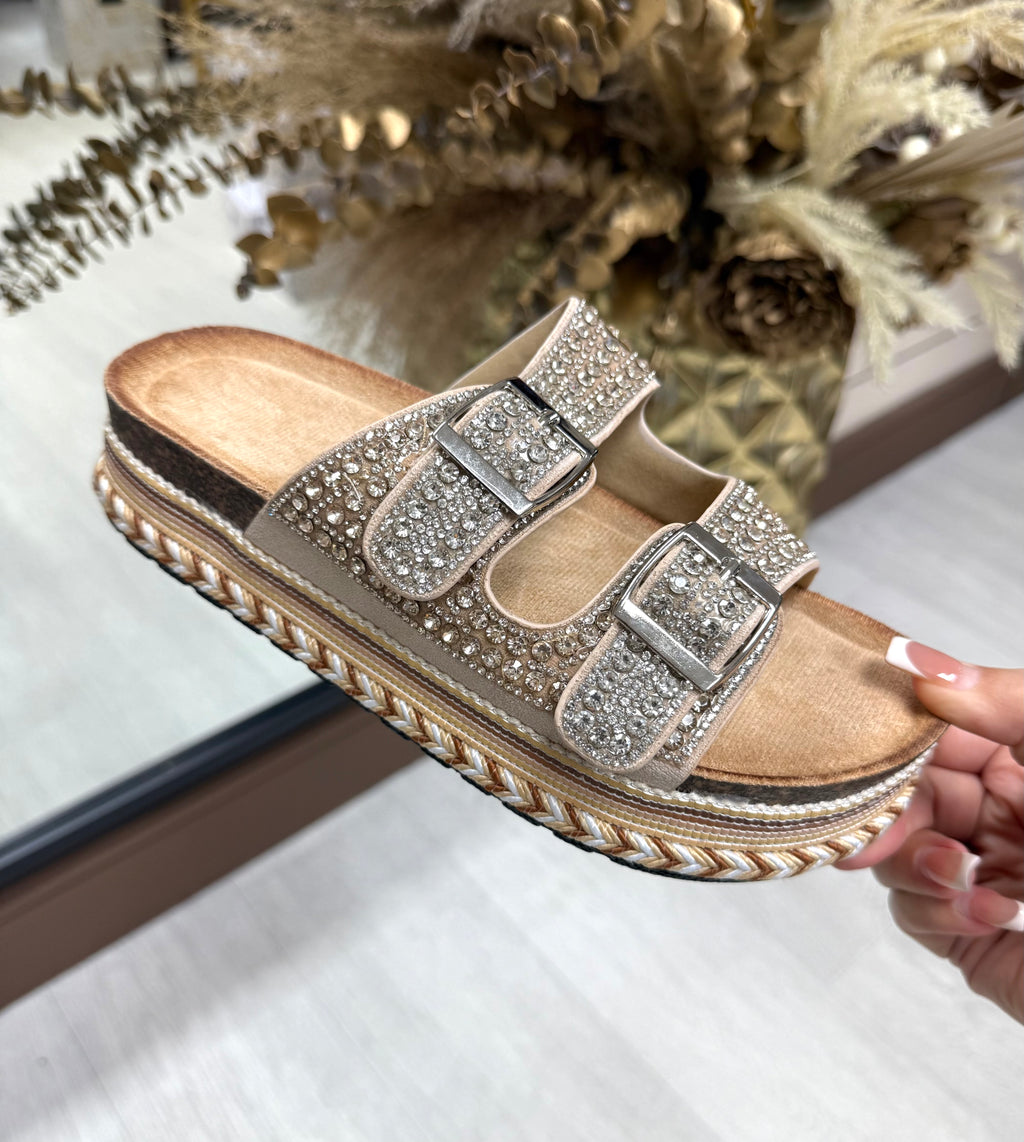 Diamanté Adjustable Buckle Platform Sliders- Beige