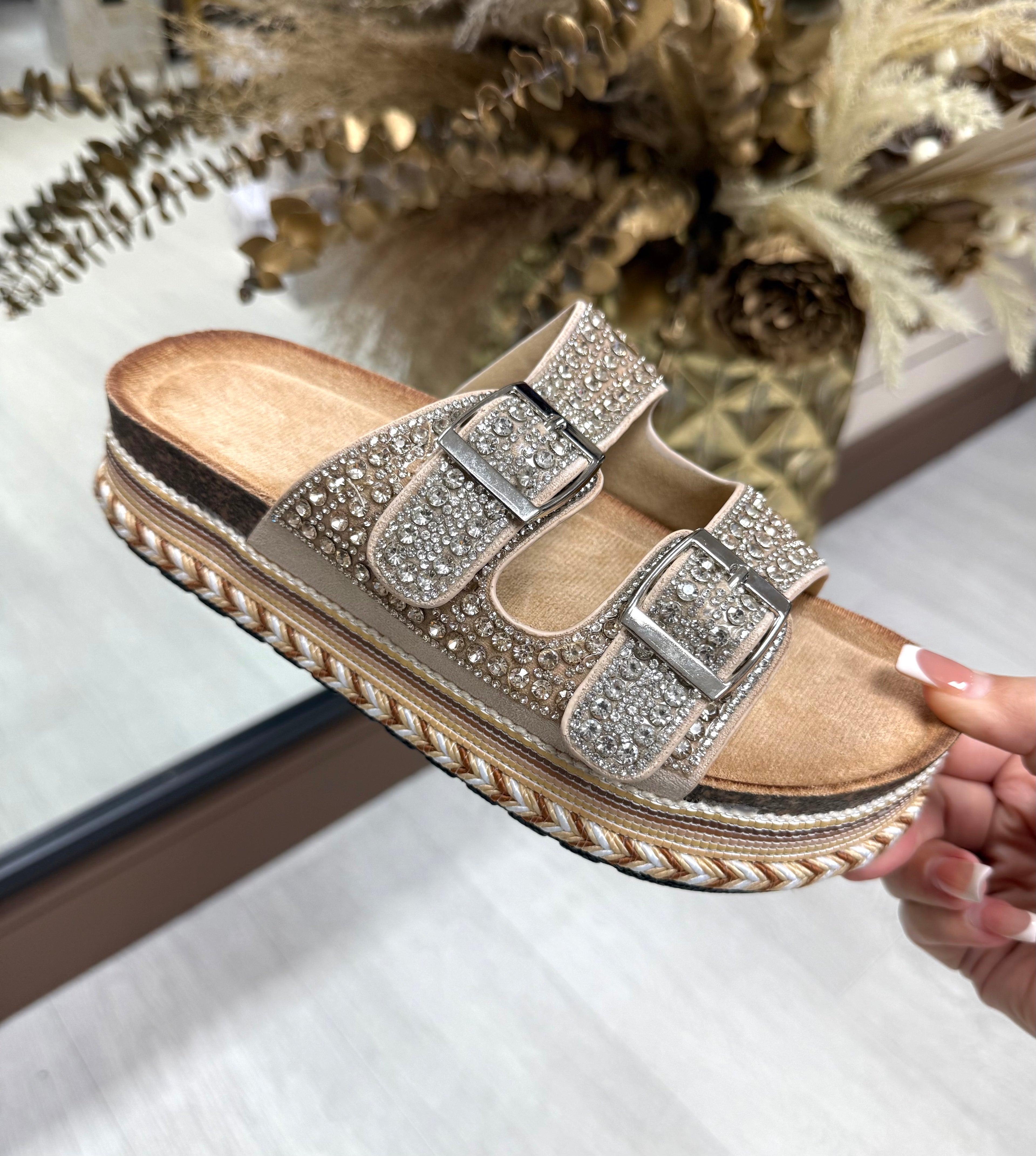 Diamanté Adjustable Buckle Platform Sliders- Beige