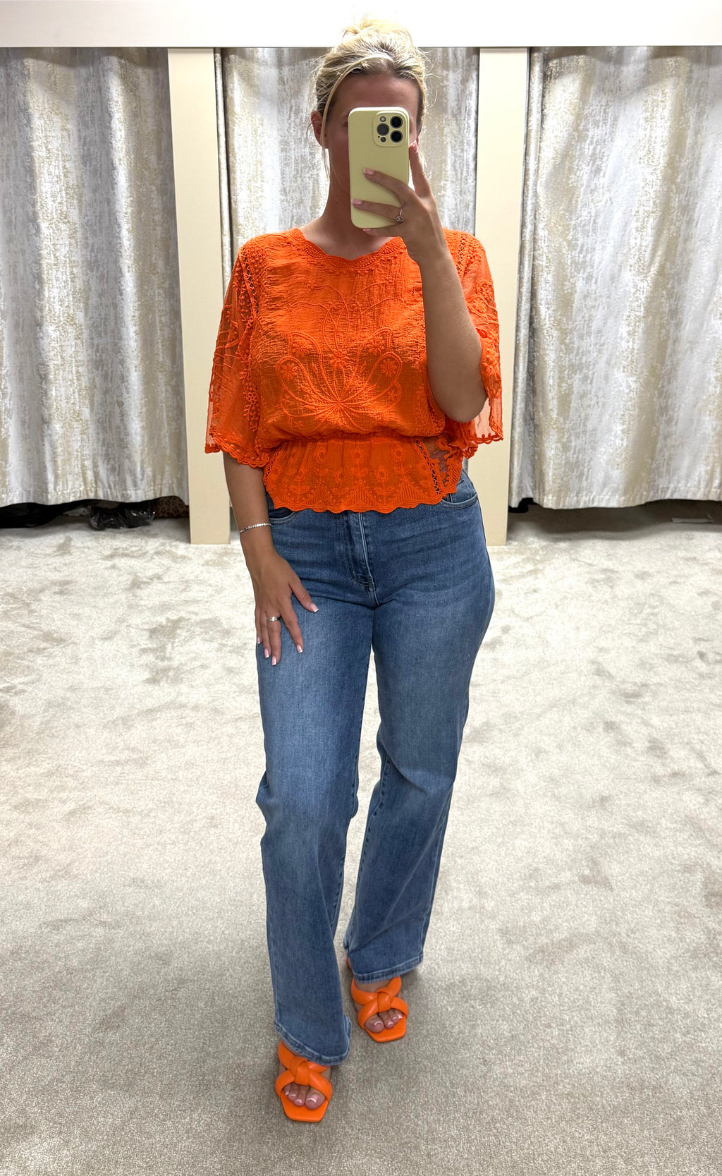 Butterly Embroidered Elasticated Waist Crochet Detail Top