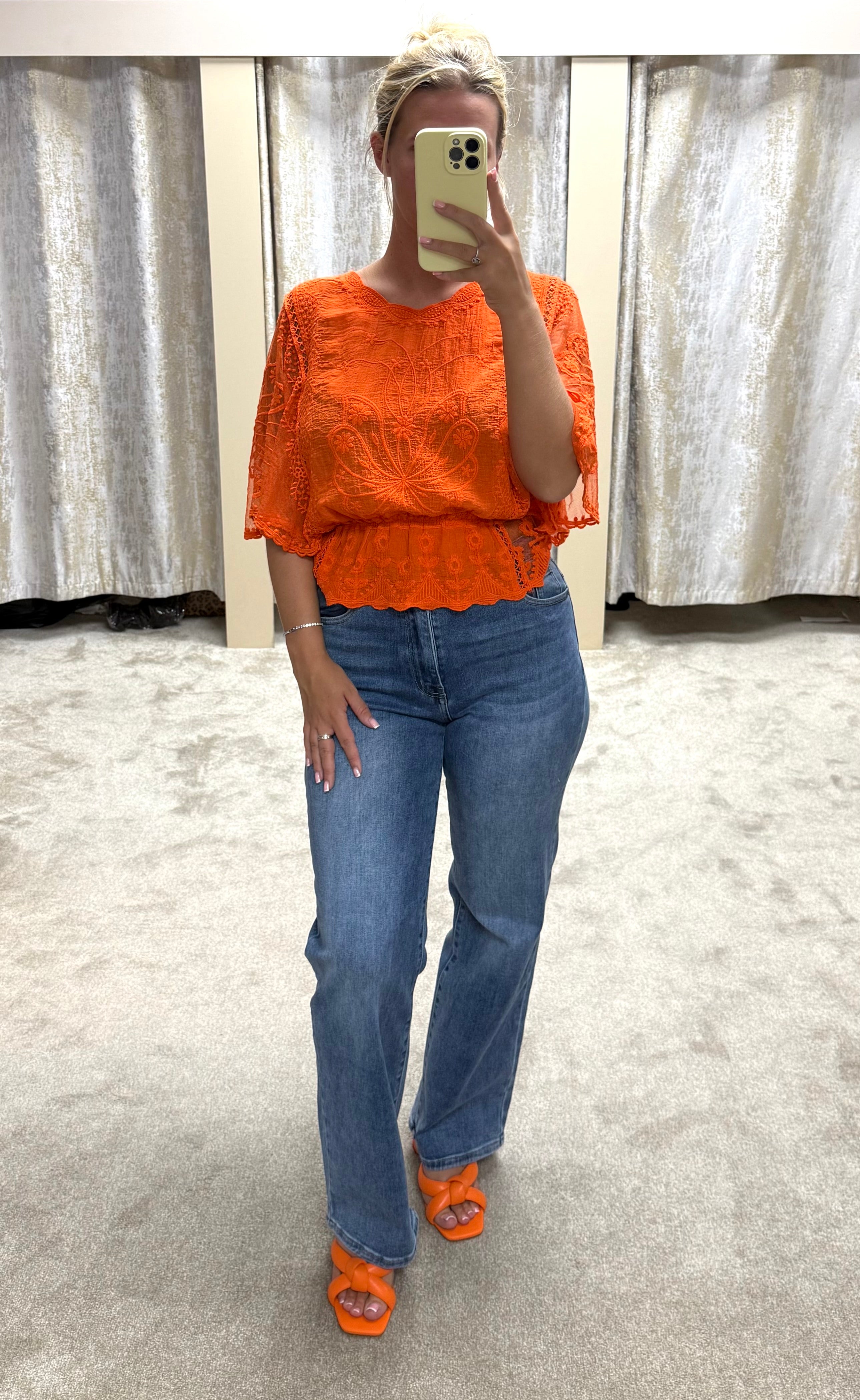 Butterly Embroidered Elasticated Waist Crochet Detail Top