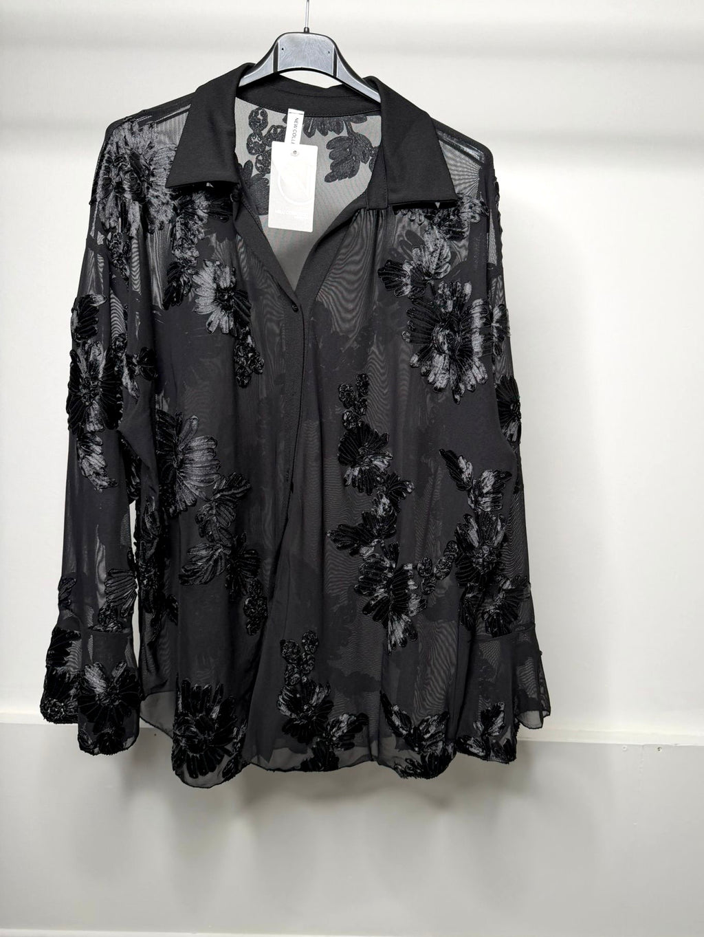 PLUS SIZE - Flower Embroidered Mesh Shirt with Bell Sleeve Detail