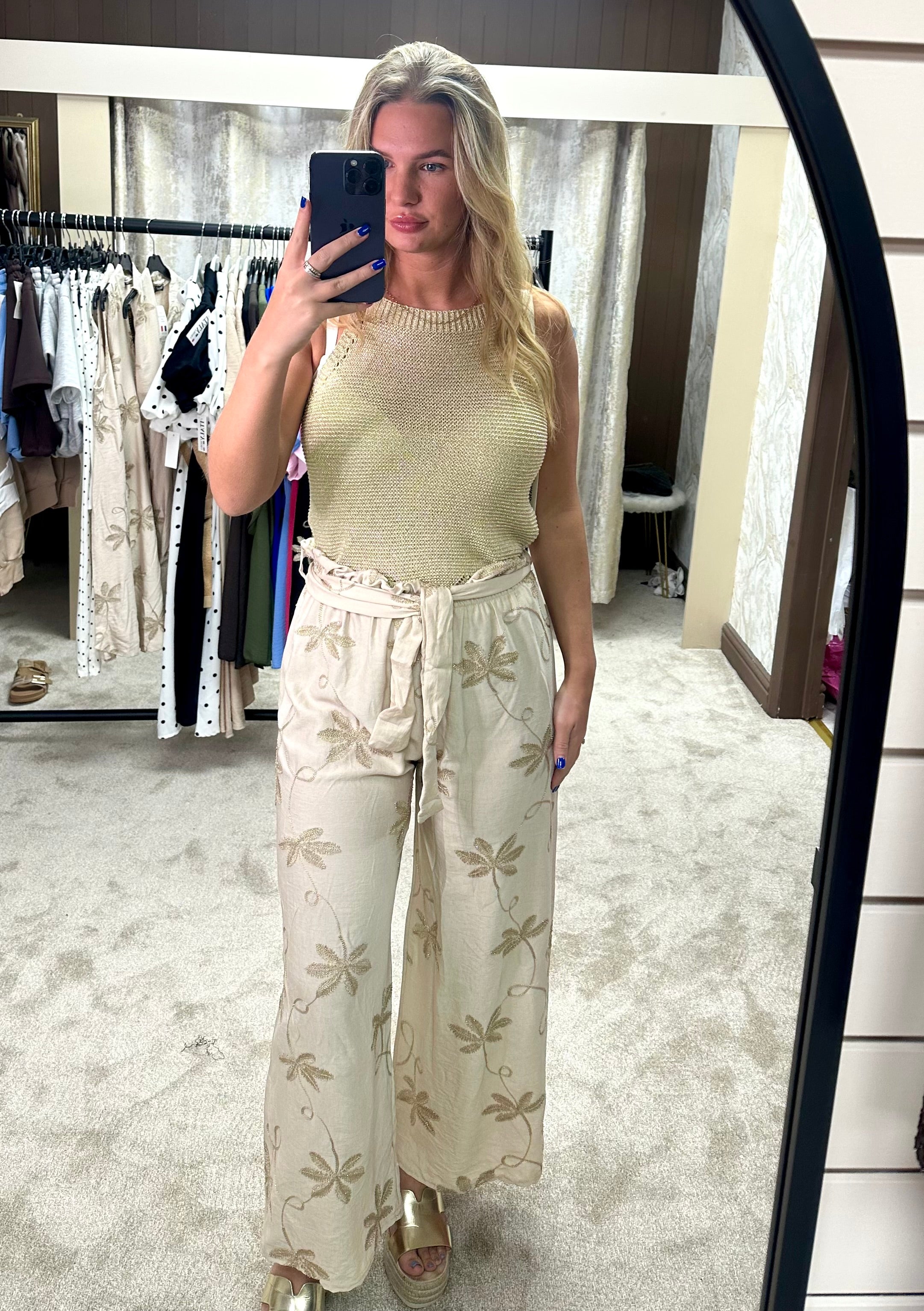 Metallic Gold Embroidered Linen Trousers With Ruffle Detail Waistband