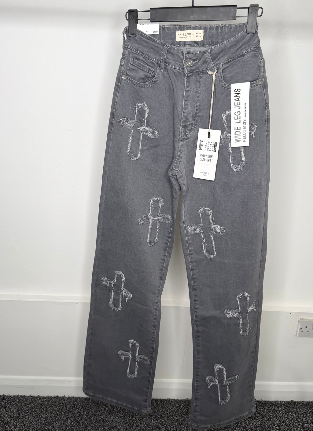 Crucifix Premium Denim Wide Leg High Waisted Stretchy Jeans - Grey
