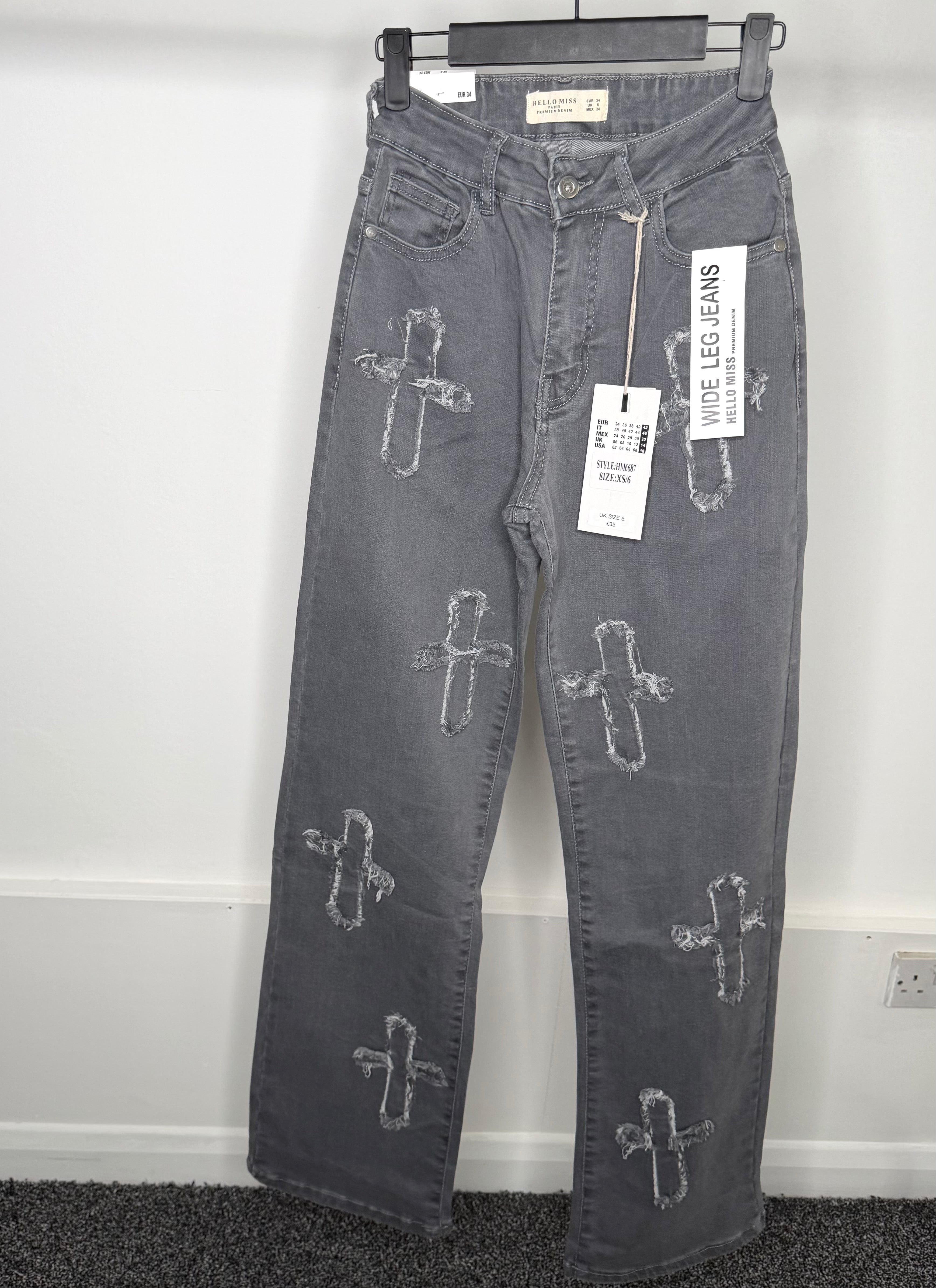 Crucifix Premium Denim Wide Leg High Waisted Stretchy Jeans - Grey